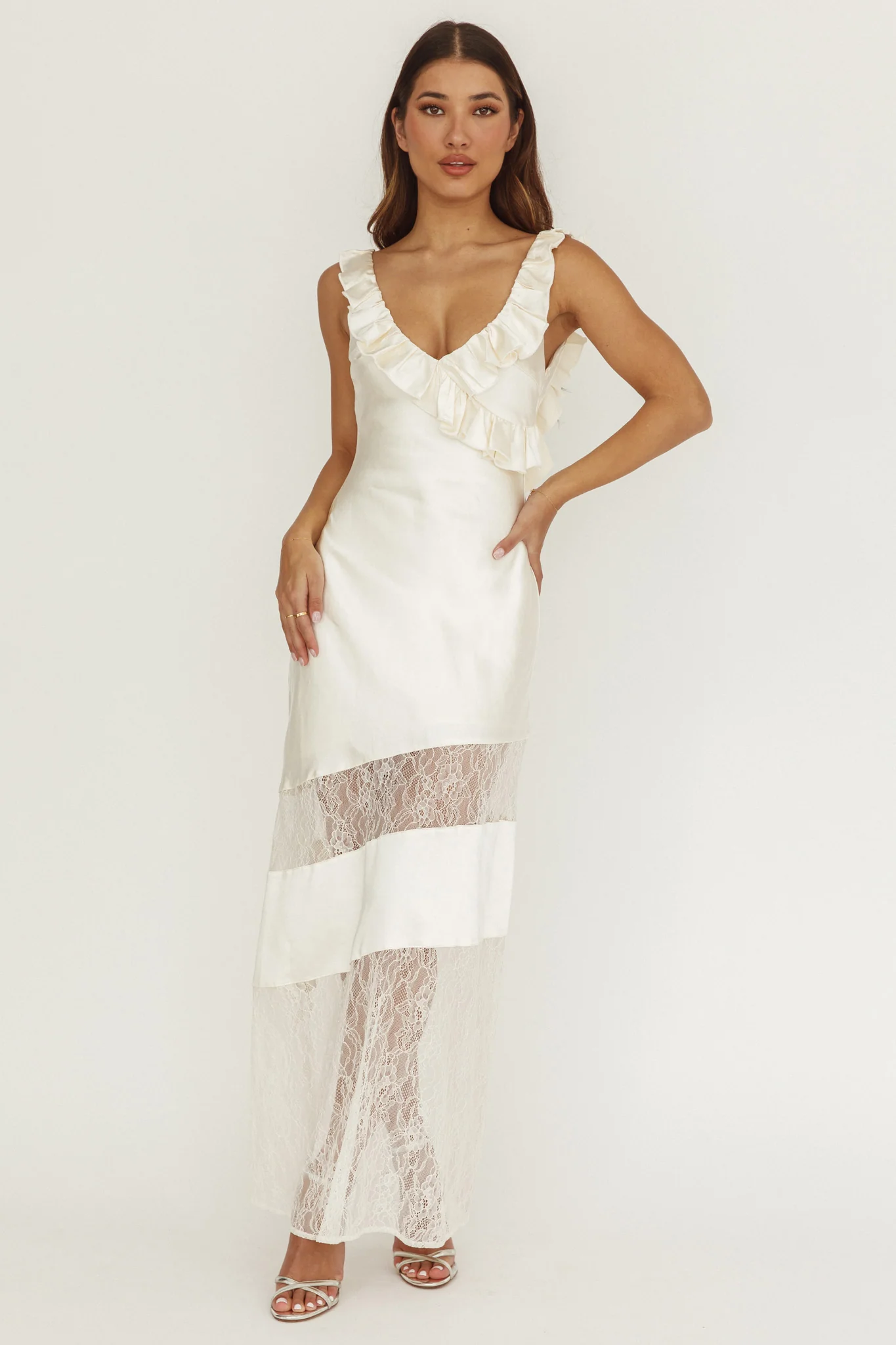 Alba Frill & Lace Trim Maxi Dress Oyster - Image 6