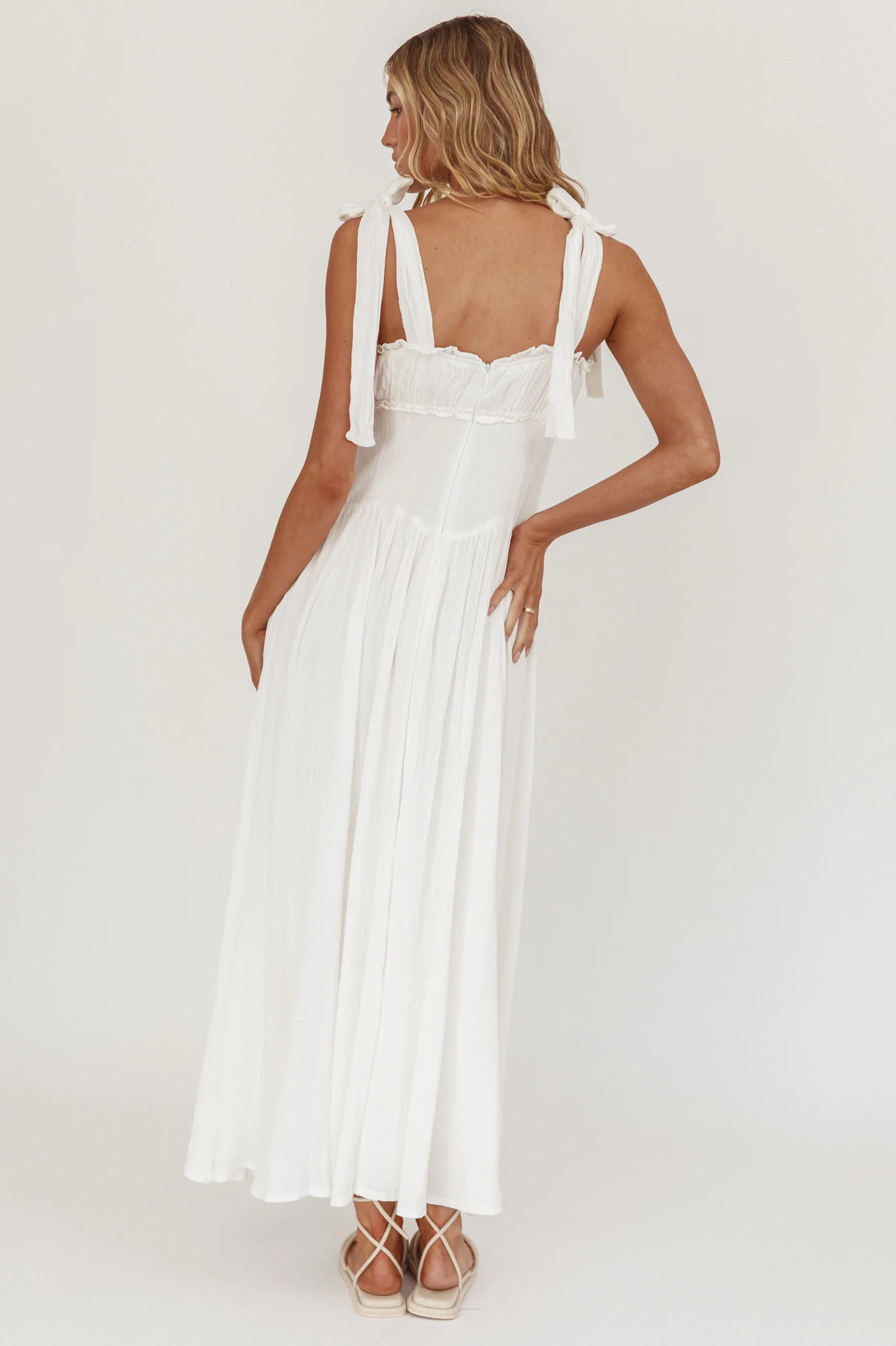 Albury Tied Shoulder Basque Waist Midi Dress White - Image 2