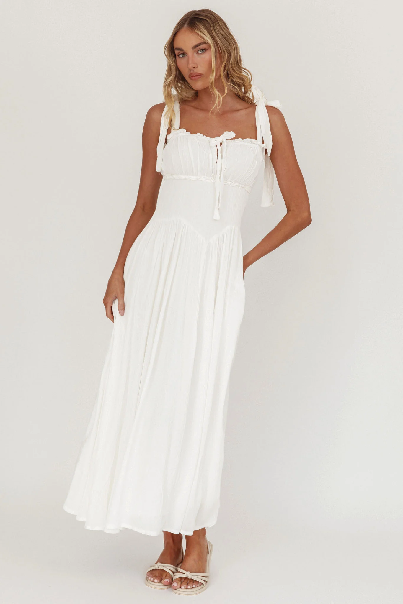 Albury Tied Shoulder Basque Waist Midi Dress White - Image 5