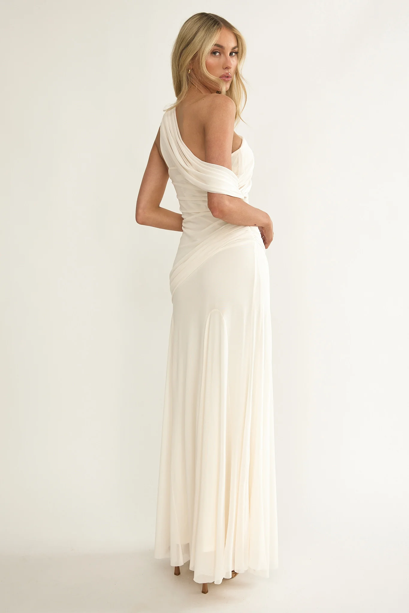 Anaisa Asymmetric Neckline Draped Maxi Dress Oyster - Image 2