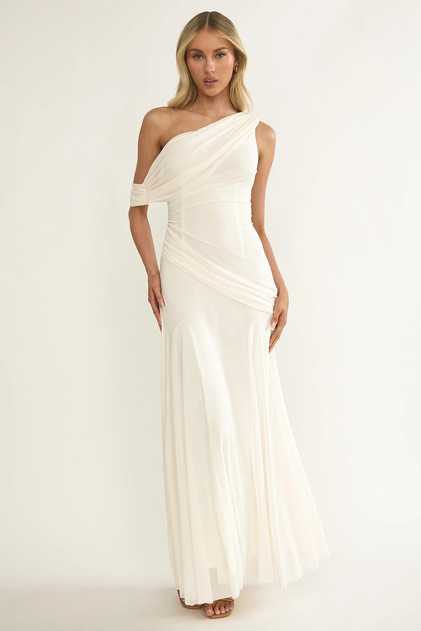 Anaisa Asymmetric Neckline Draped Maxi Dress Oyster - Image 4