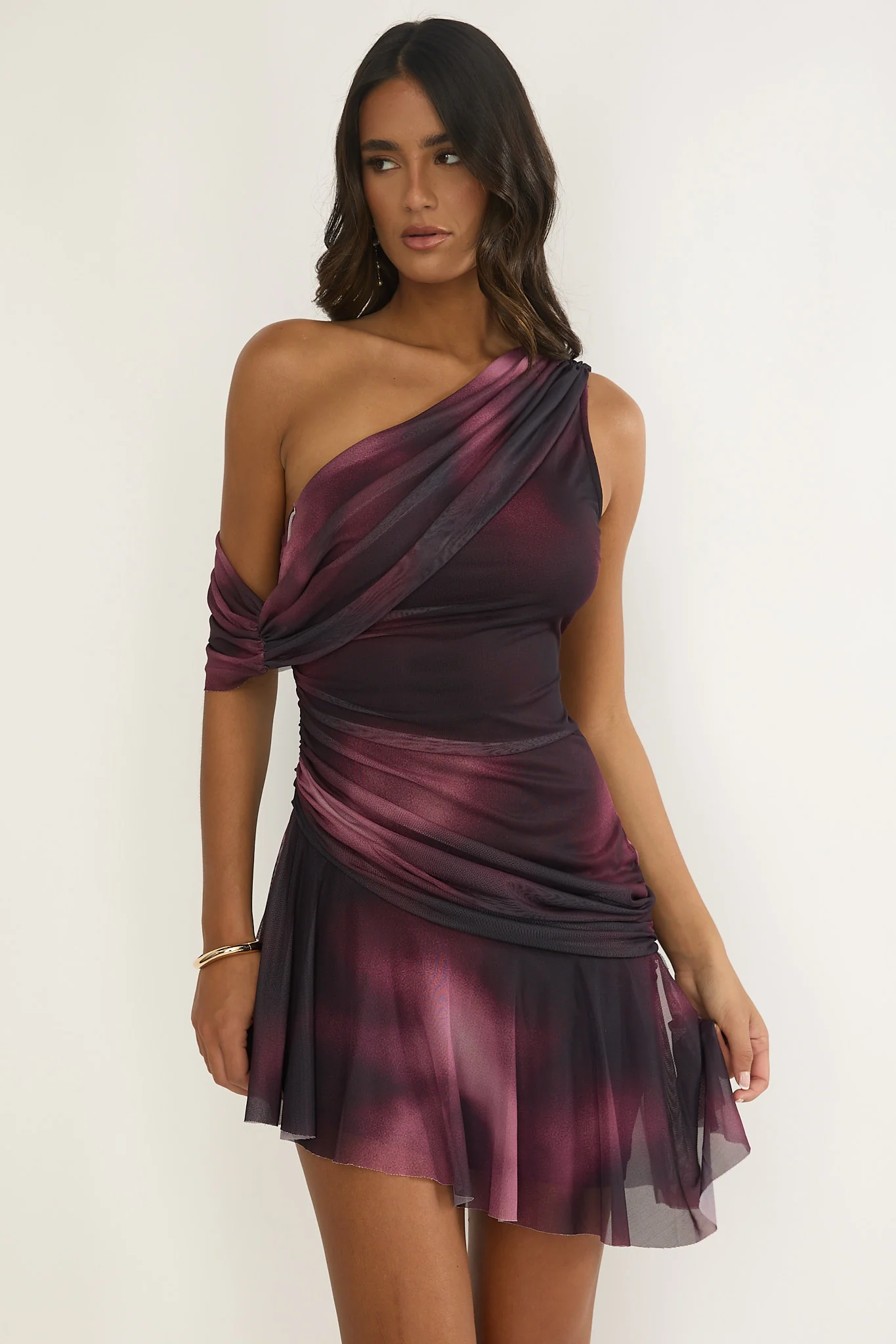 Anaisa One-Shoulder Draped Mini Dress Print Wine - Image 5