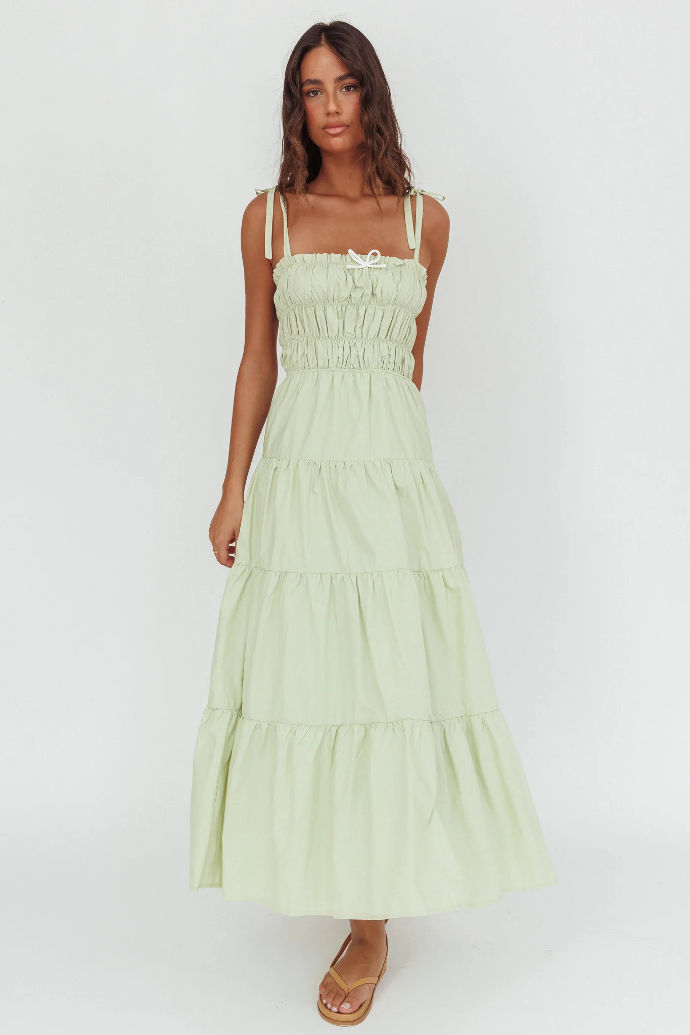 Anderson Tied Shoulder Smocked Bodice Maxi Dress Sage - Image 5