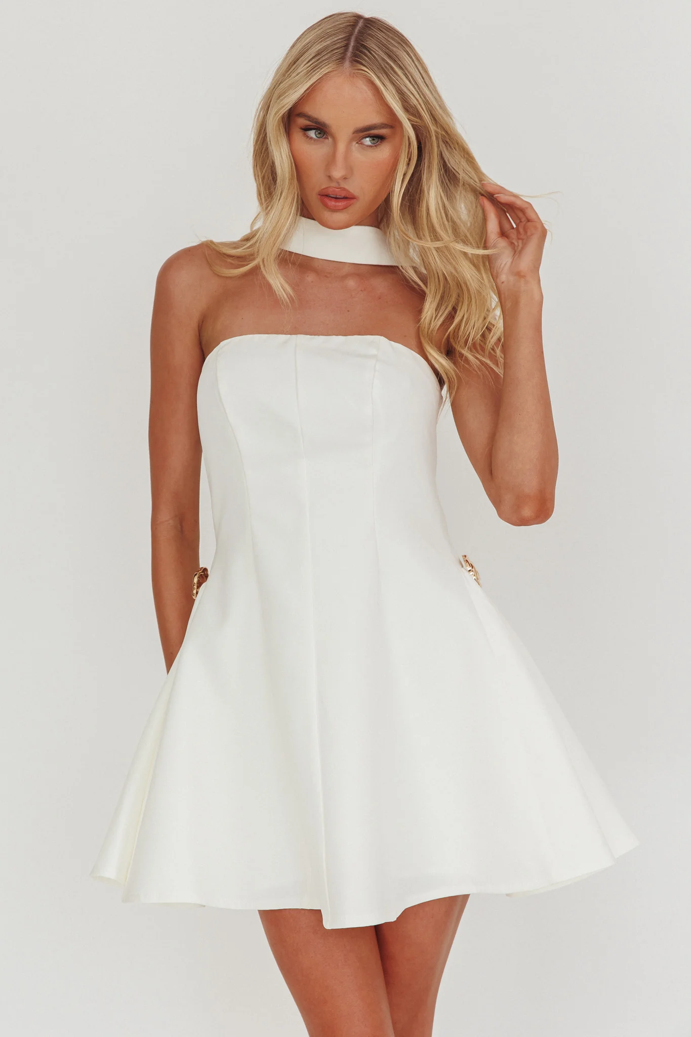 Annora Strapless Gold Button Mini Dress White - Image 5