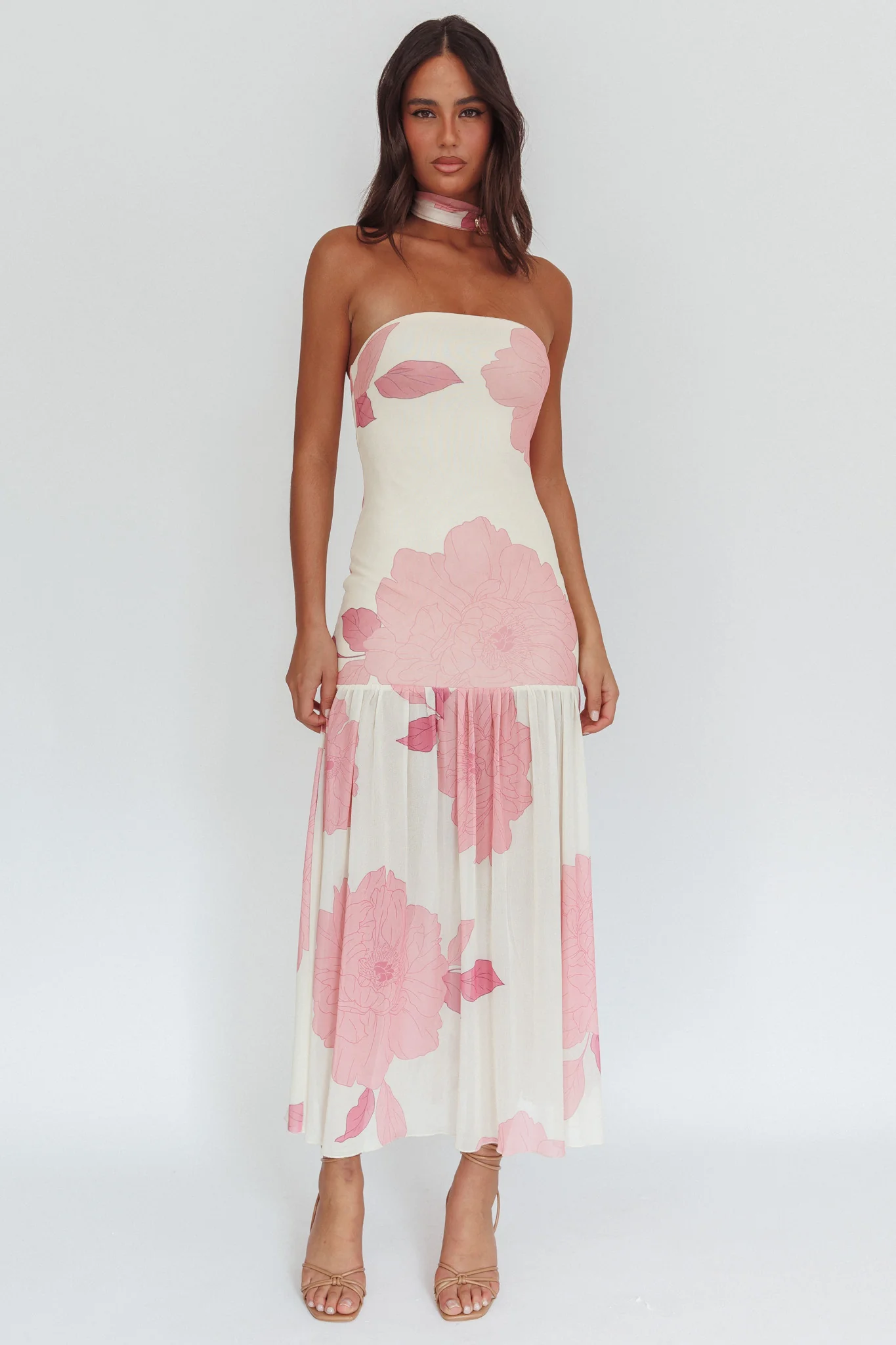 Antonella Strapless Waist Sash Maxi Dress Floral Pink - Image 7