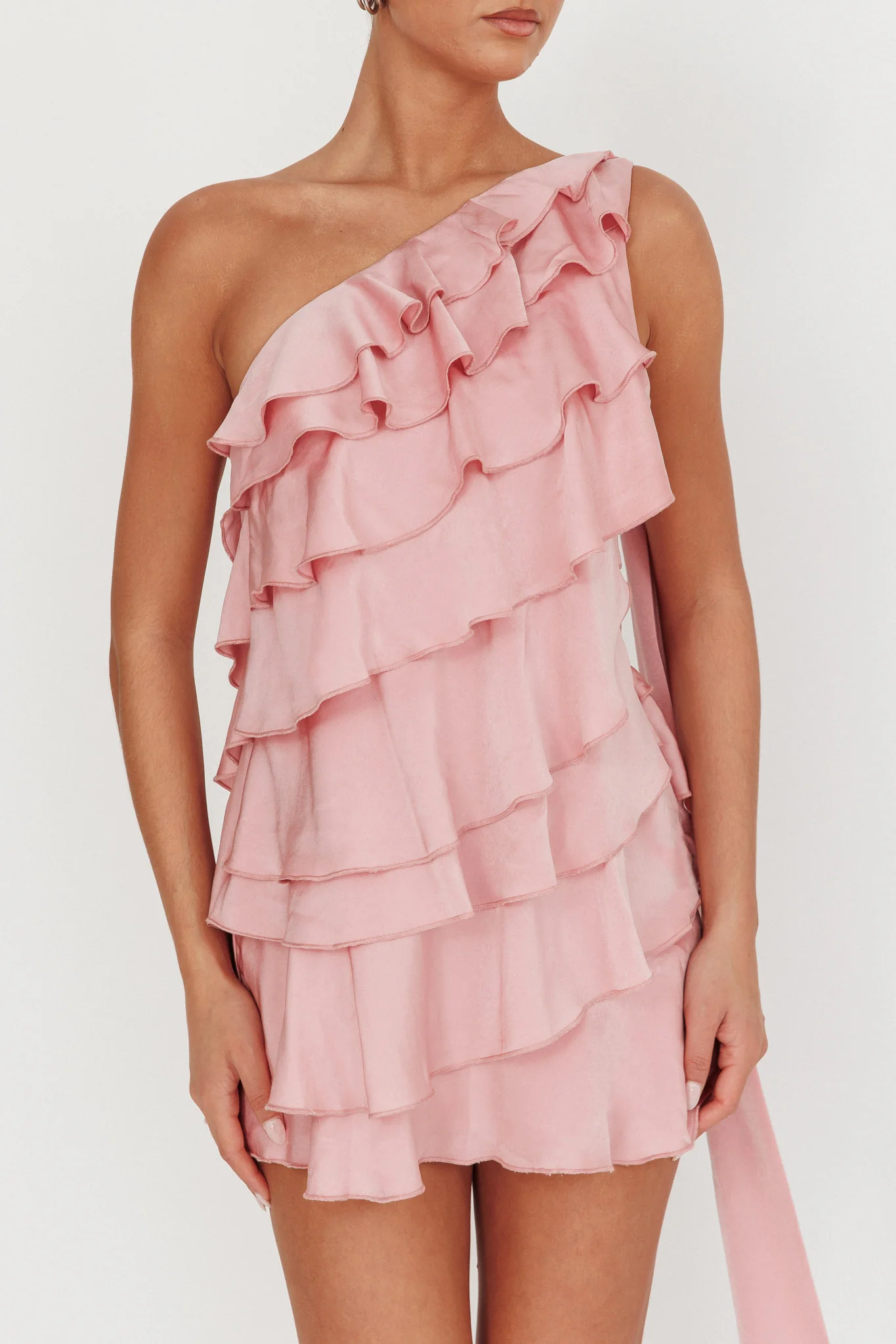 Arrabel Tiered Ruffle One Shoulder Mini Dress Pink - Image 3