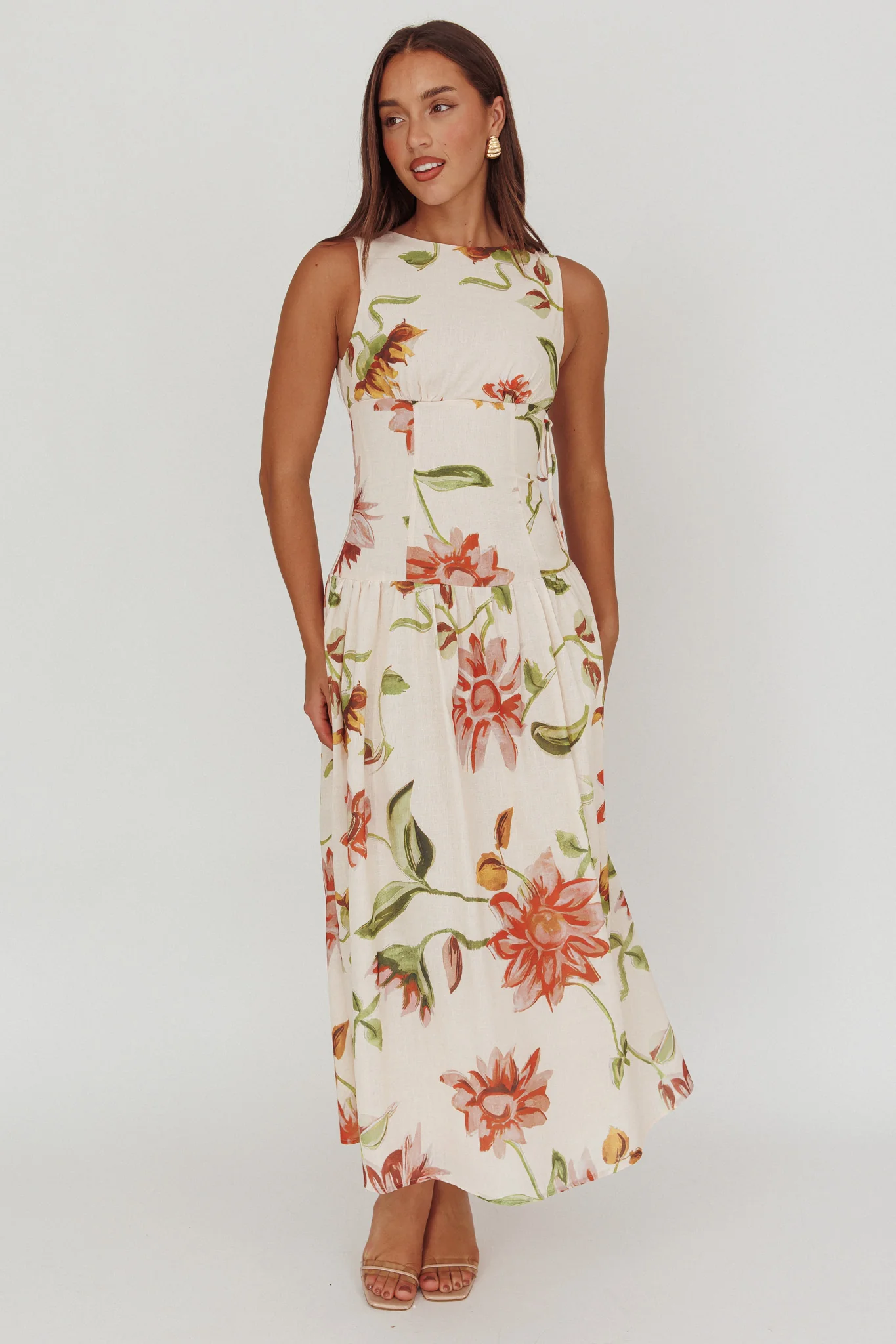 Audraya Drop Waist Maxi Dress Floral Beige - Image 5
