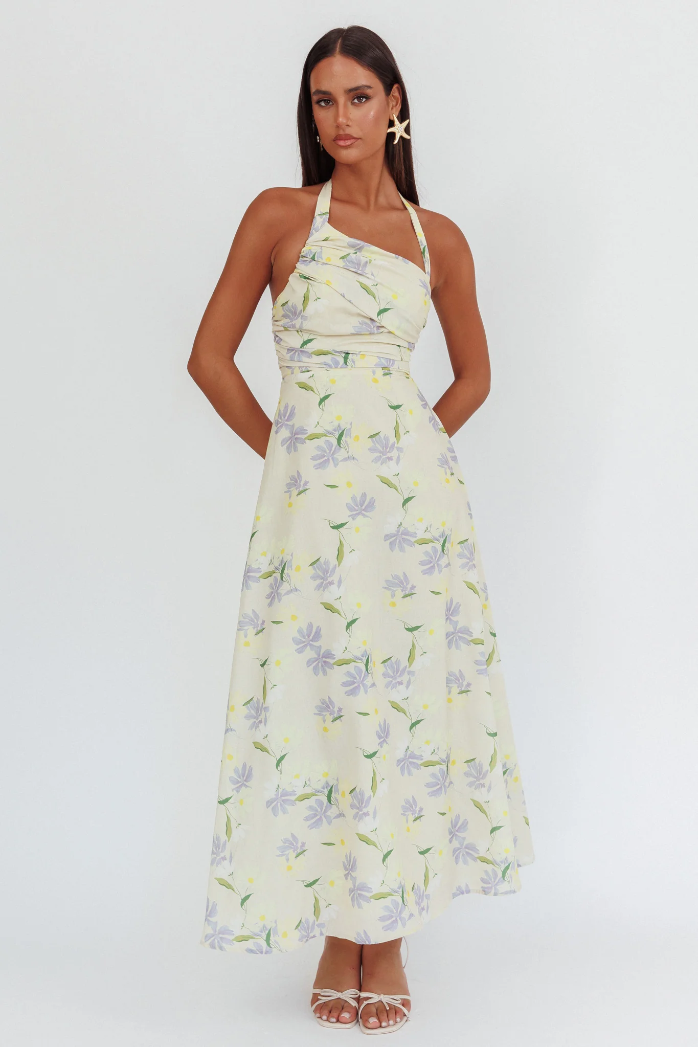 Auriana Asymmetric Neckline Halter maxi Dress Floral Lemon - Image 4