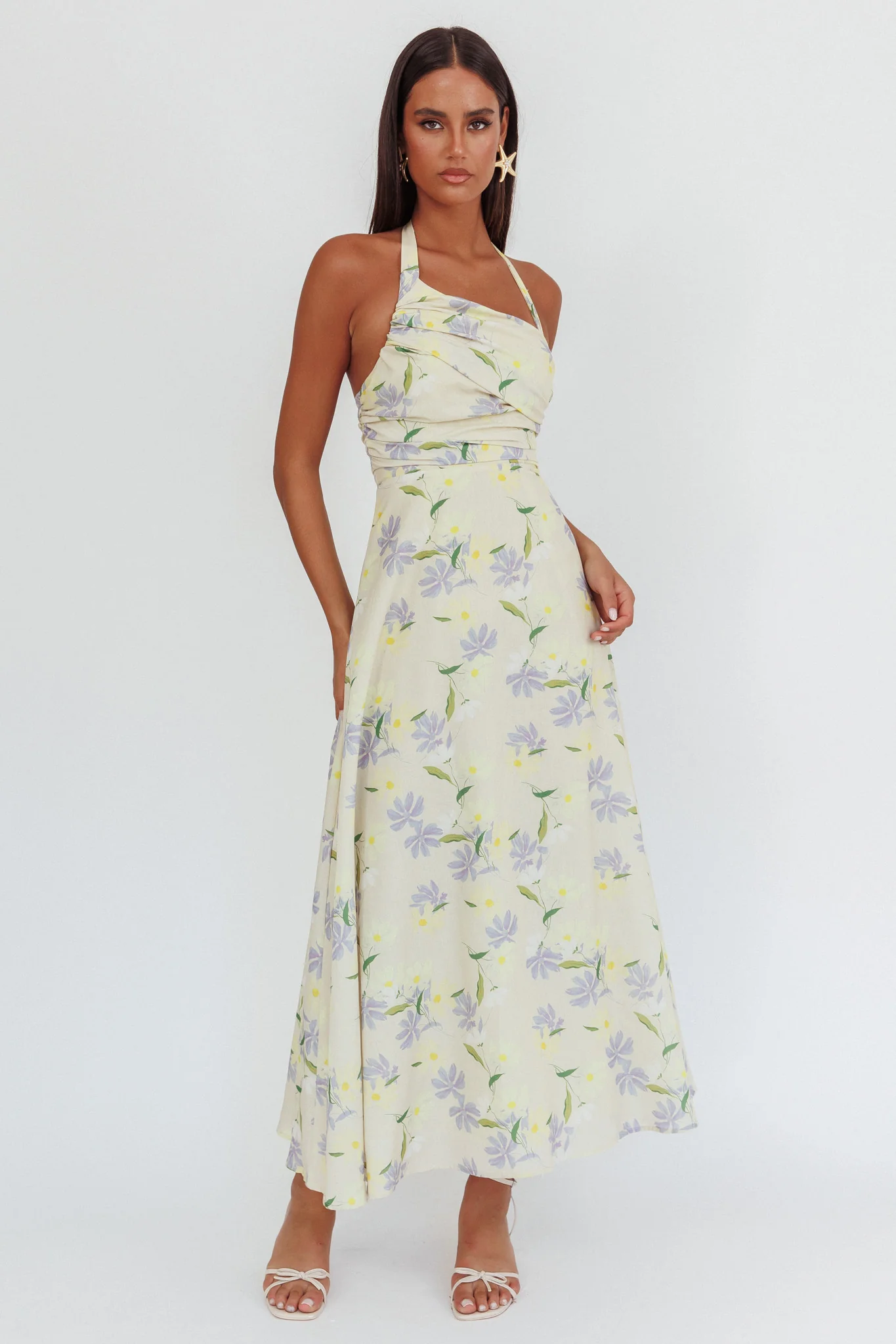 Auriana Asymmetric Neckline Halter maxi Dress Floral Lemon - Image 5