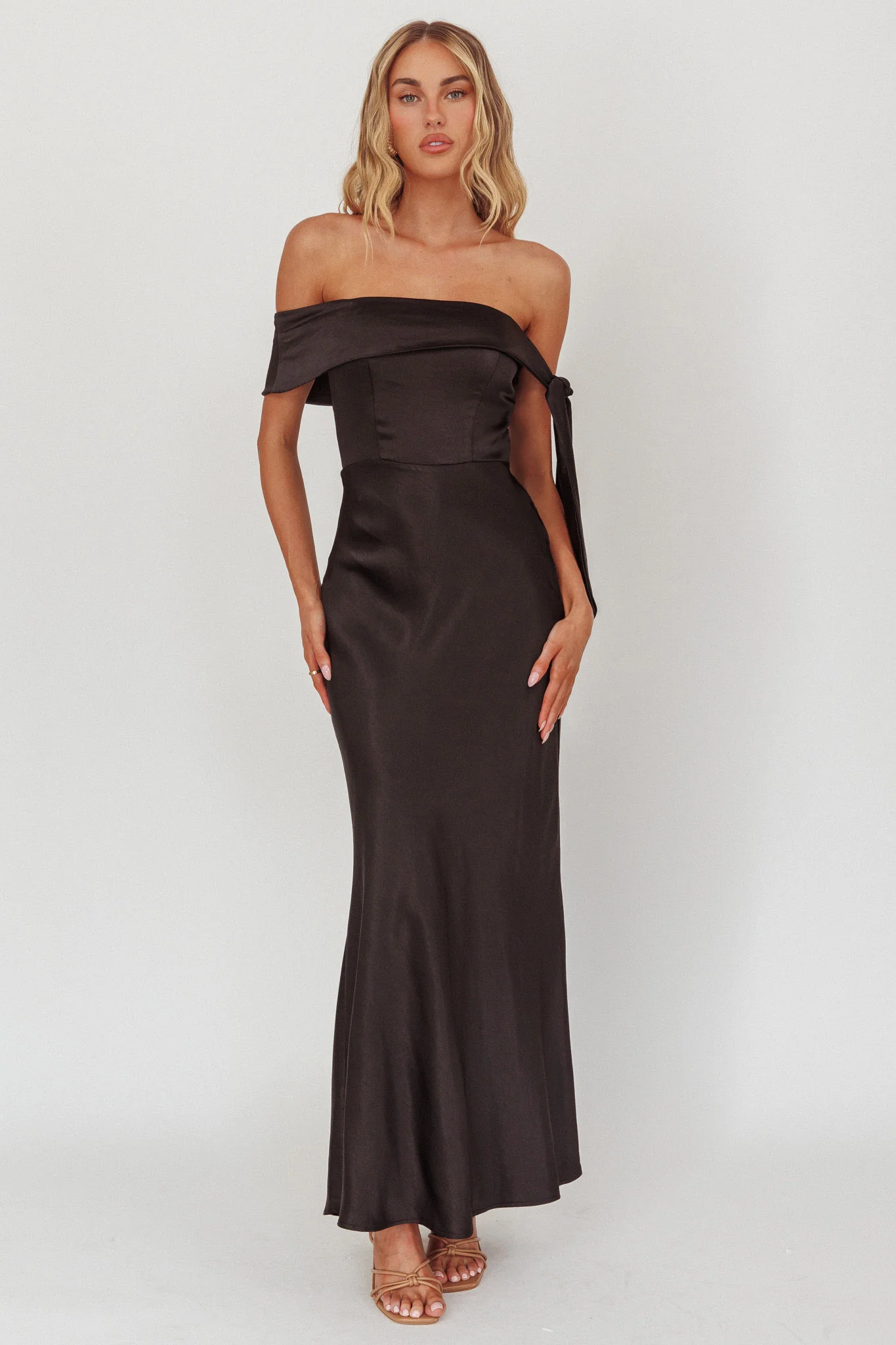 Aurora Sky Off-Shoulder Tie Maxi Dress Satin Black - Image 4