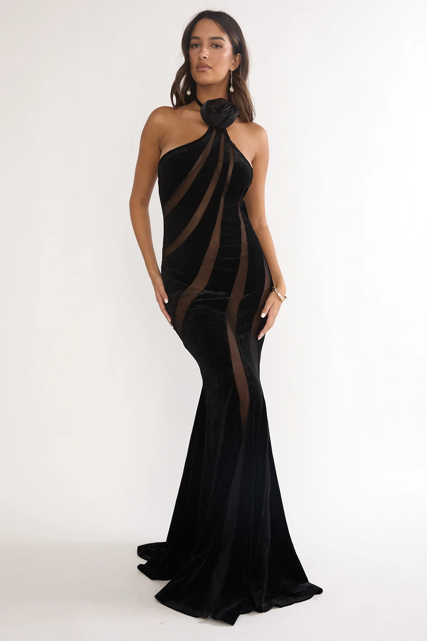 Azelia Velvet Mesh Maxi Dress Black - Image 4