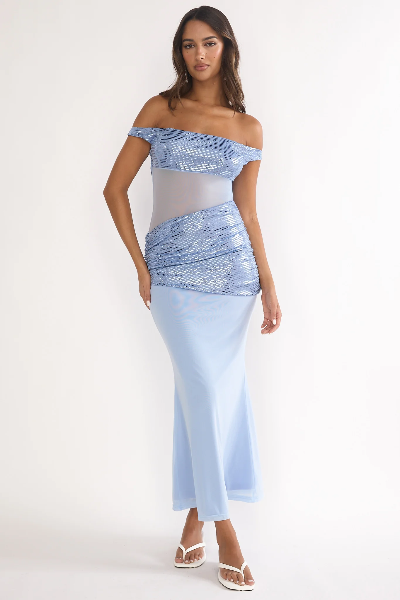 Bellora Off-Shoulder Sequin Trim Maxi Dress Blue - Image 5