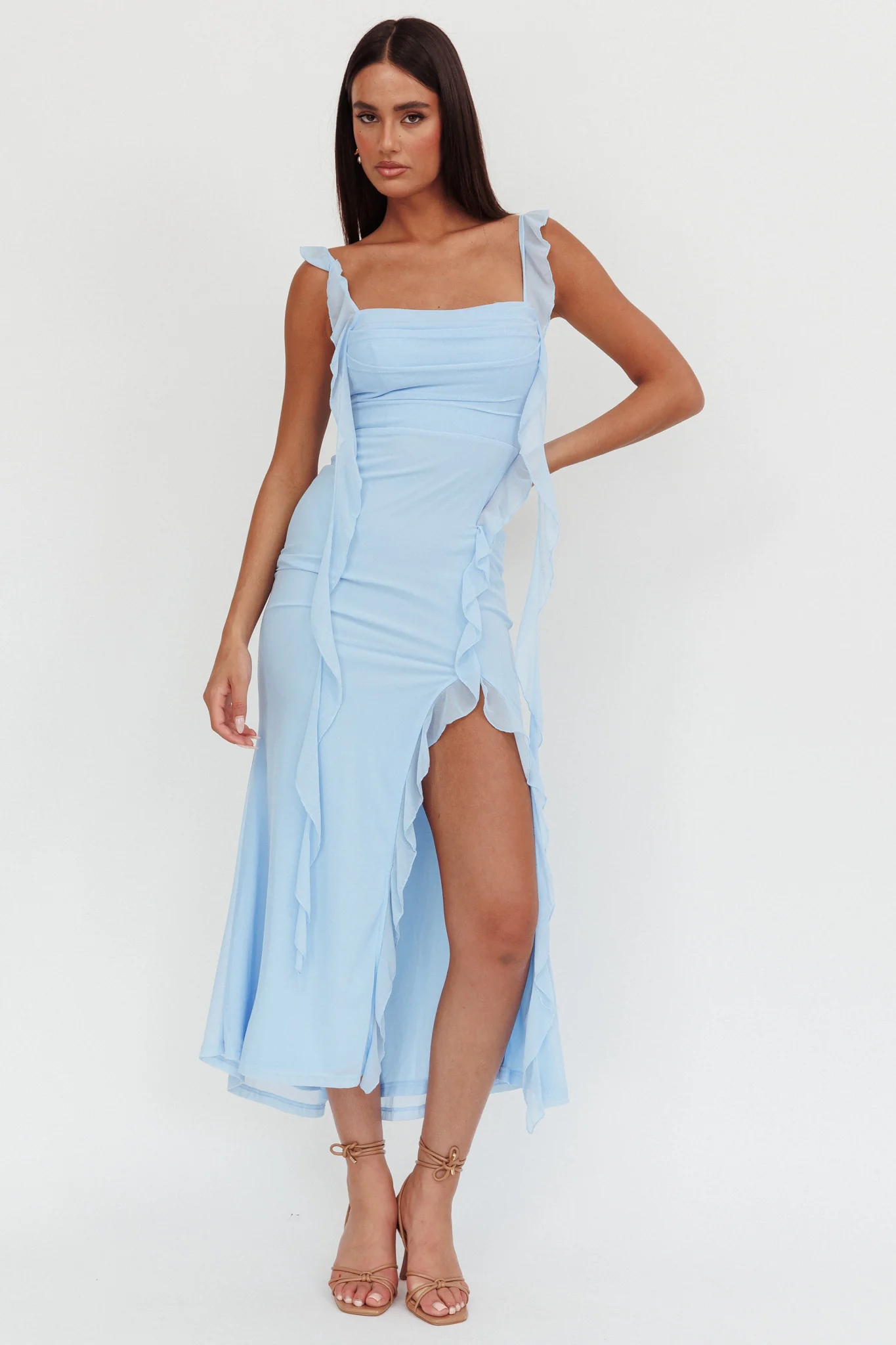 Blushing Ruffle Trim Maxi Dress Blue - Image 4