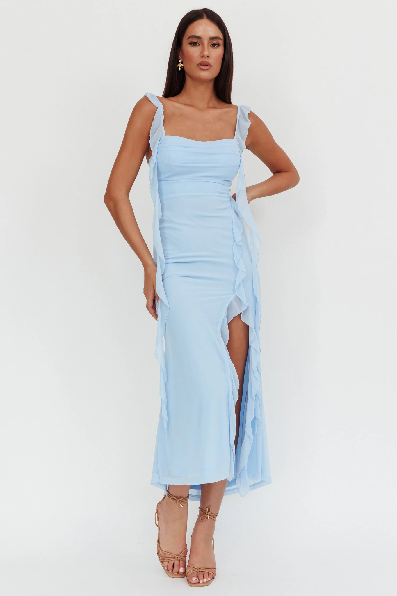 Blushing Ruffle Trim Maxi Dress Blue - Image 5
