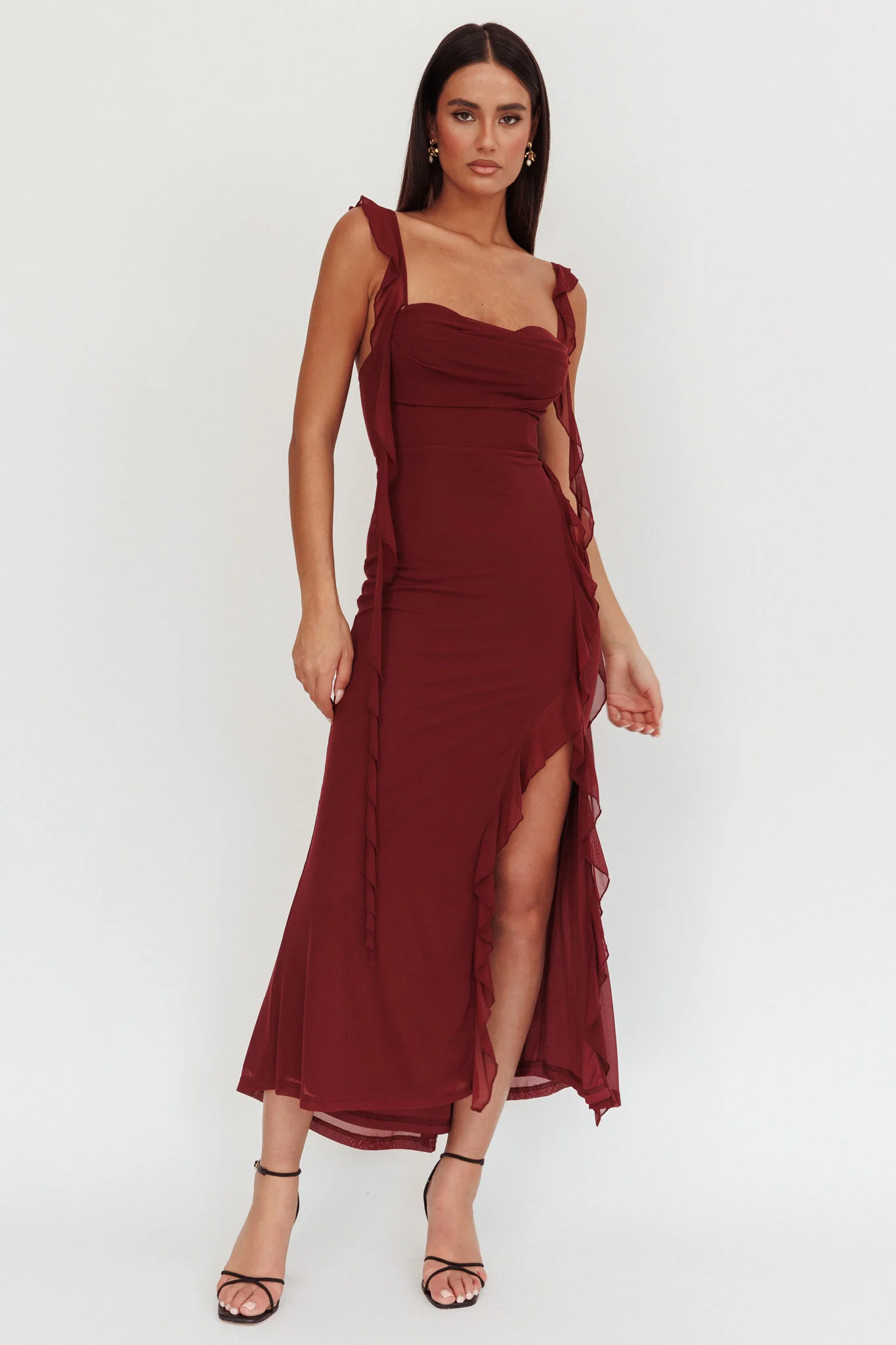 Blushing Ruffle Trim Maxi Dress Wine - Image 5