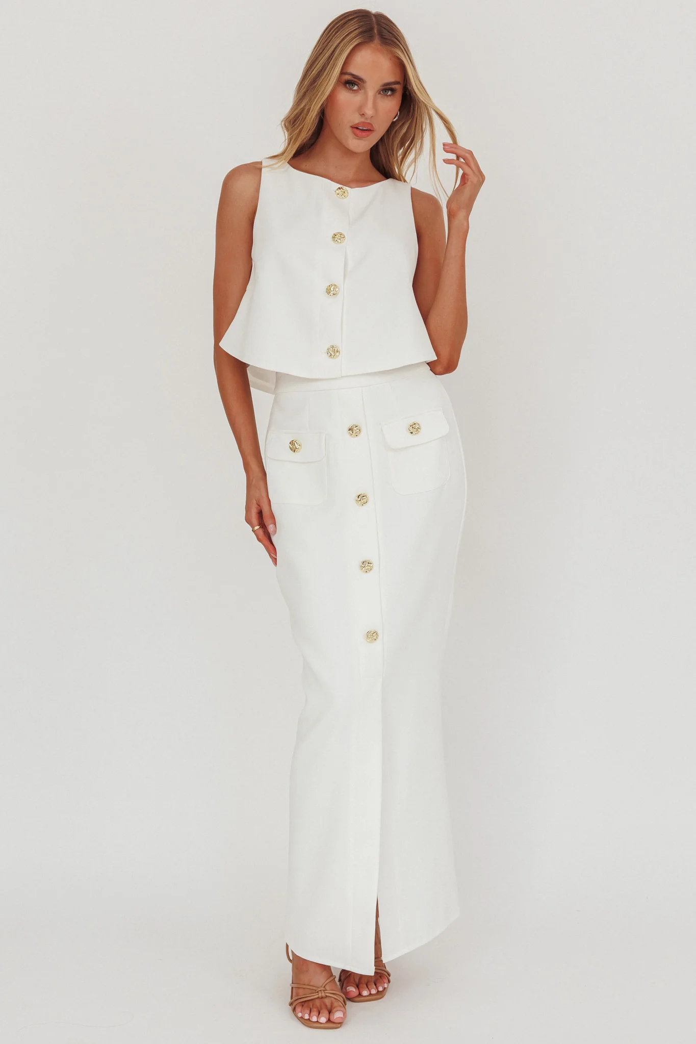 Bondi Sunset Faux Button Placket Maxi Skirt White - Image 5