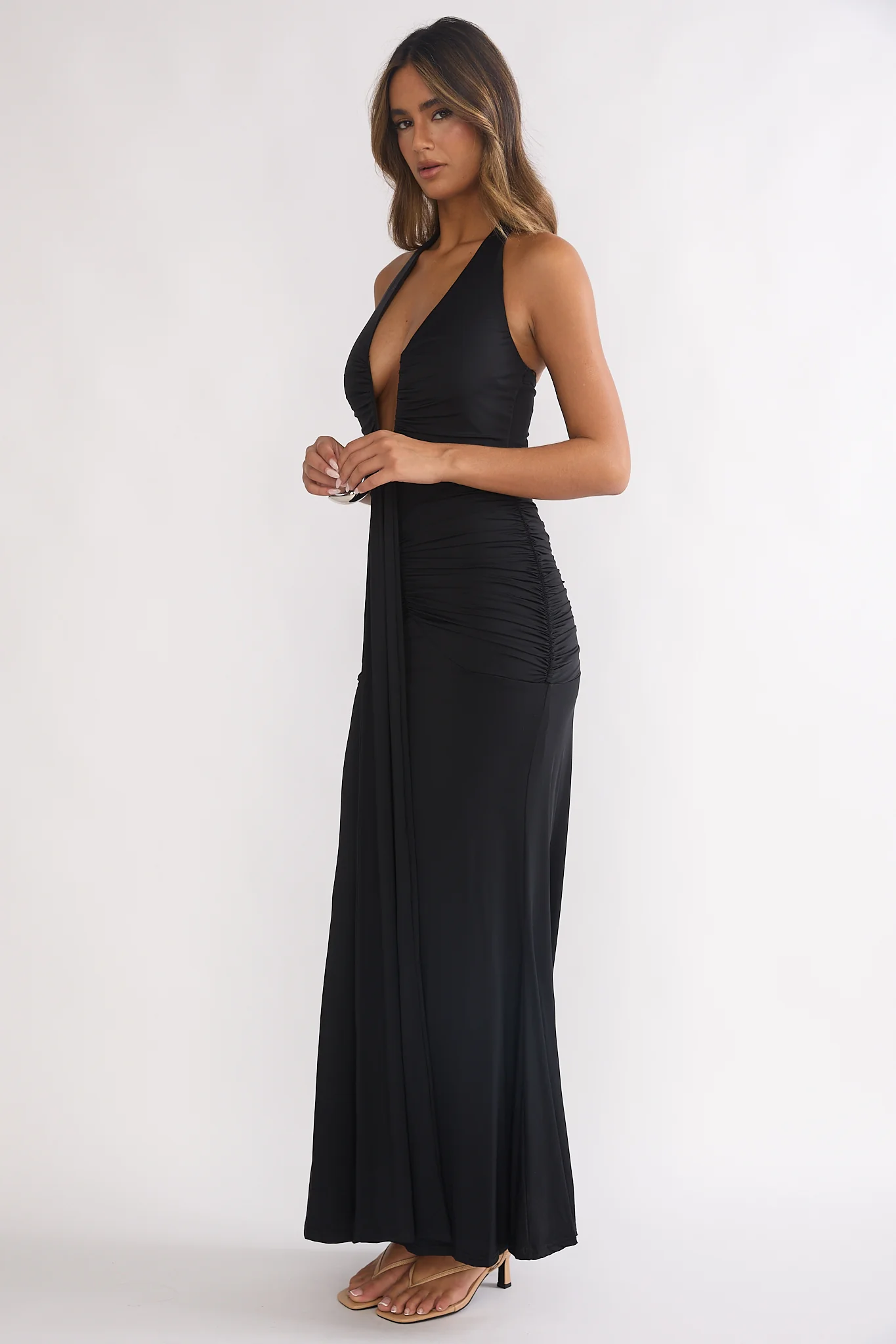 Brienna Halter Ruched Maxi Dress Black - Image 4