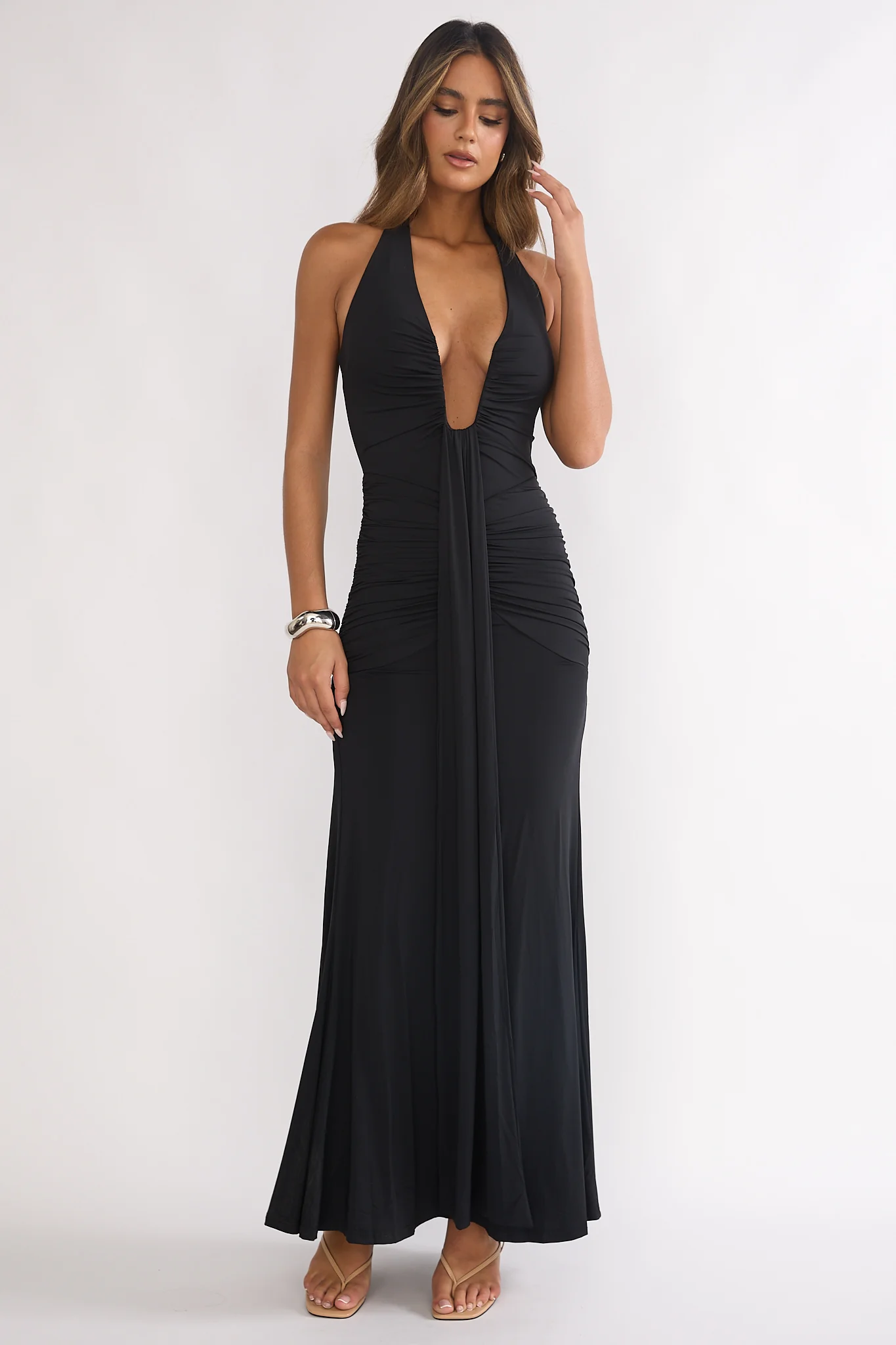 Brienna Halter Ruched Maxi Dress Black - Image 6