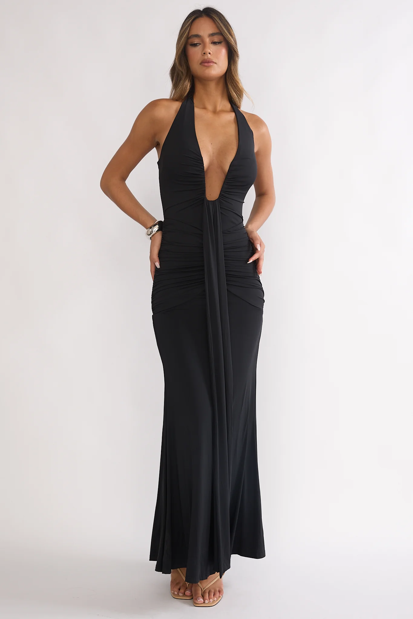 Brienna Halter Ruched Maxi Dress Black - Image 7