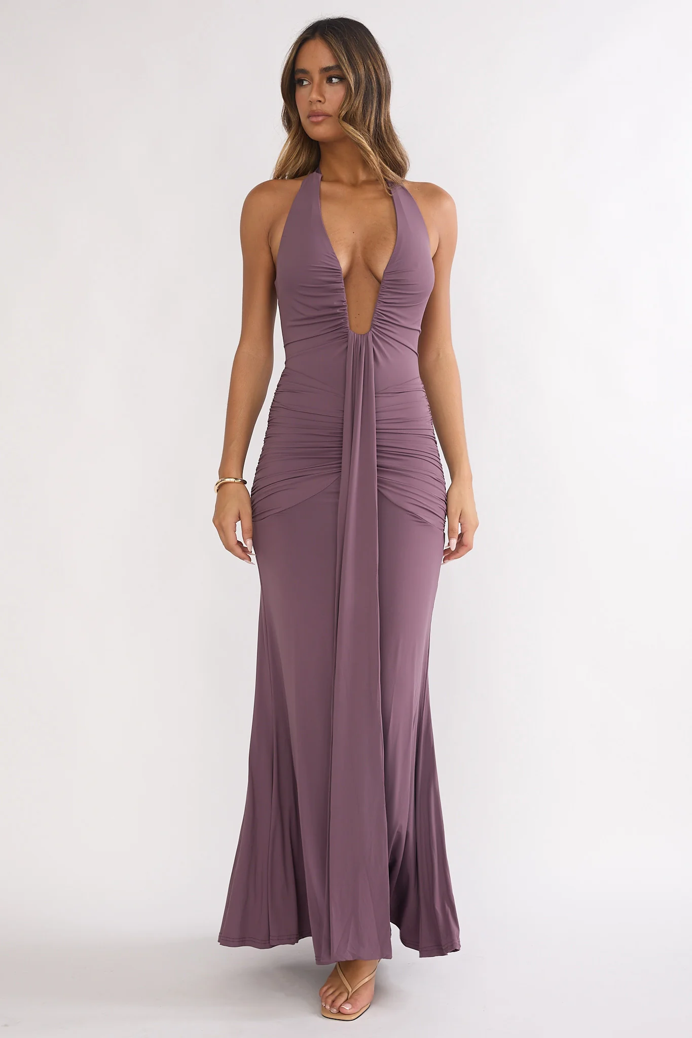 Brienna Halter Ruched Maxi Dress Mauve - Image 5