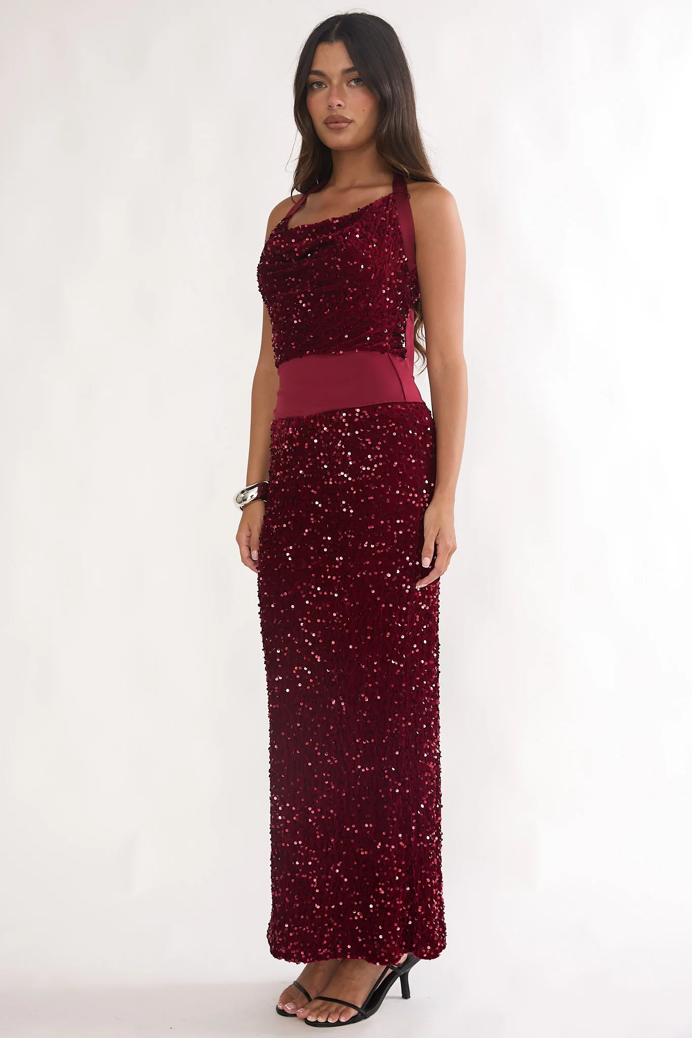 Cabernet Halter Maxi Dress Sequin Wine - Image 6