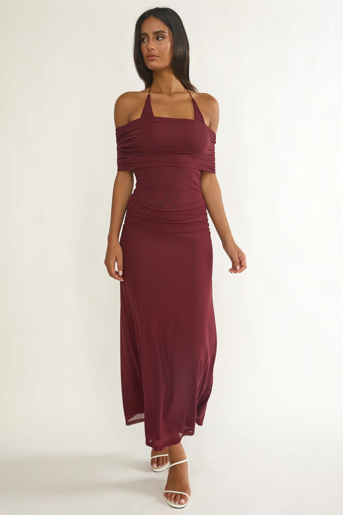 Carielle Off-Shoulder Halter Maxi Dress Wine - Image 5