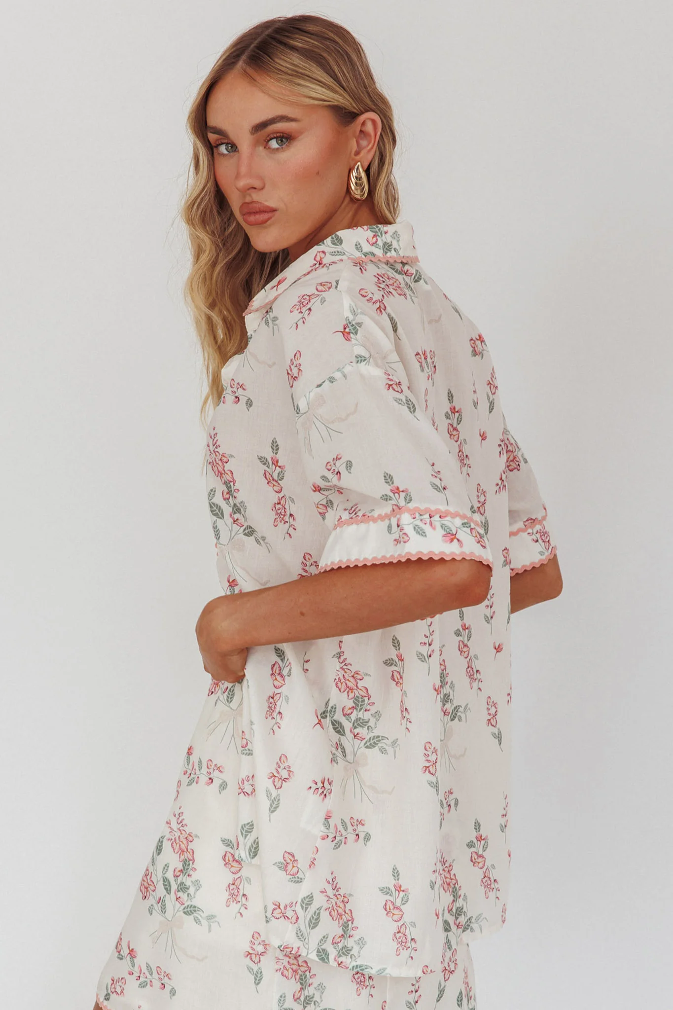 Catherina Ric-Rac Trim Button-Up Shirt Floral Pink - Image 3