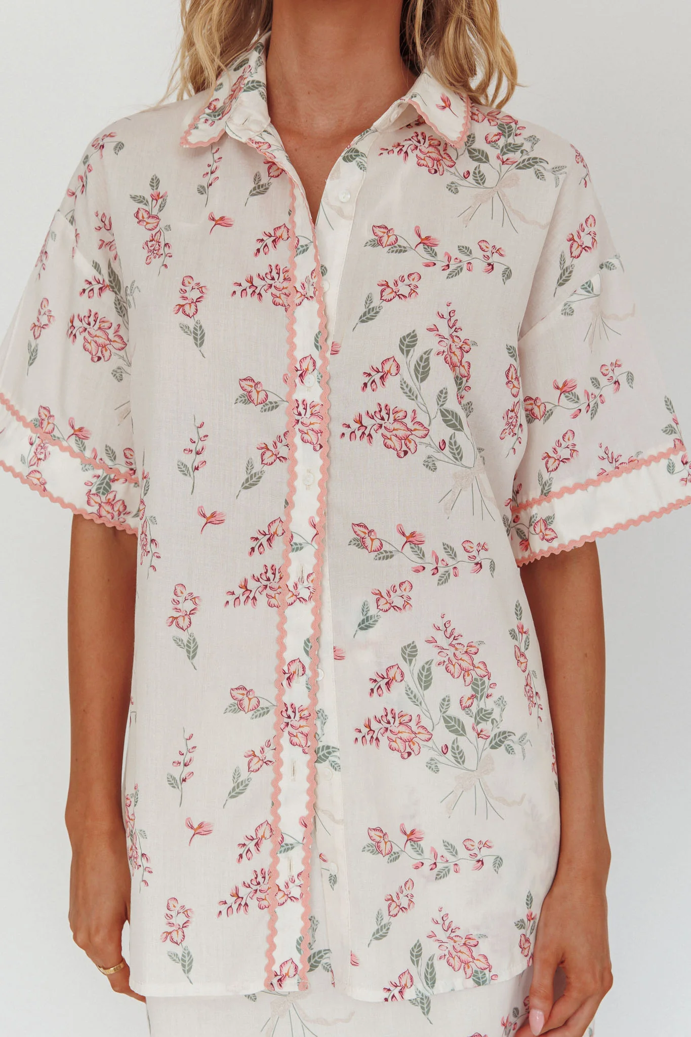 Catherina Ric-Rac Trim Button-Up Shirt Floral Pink - Image 5