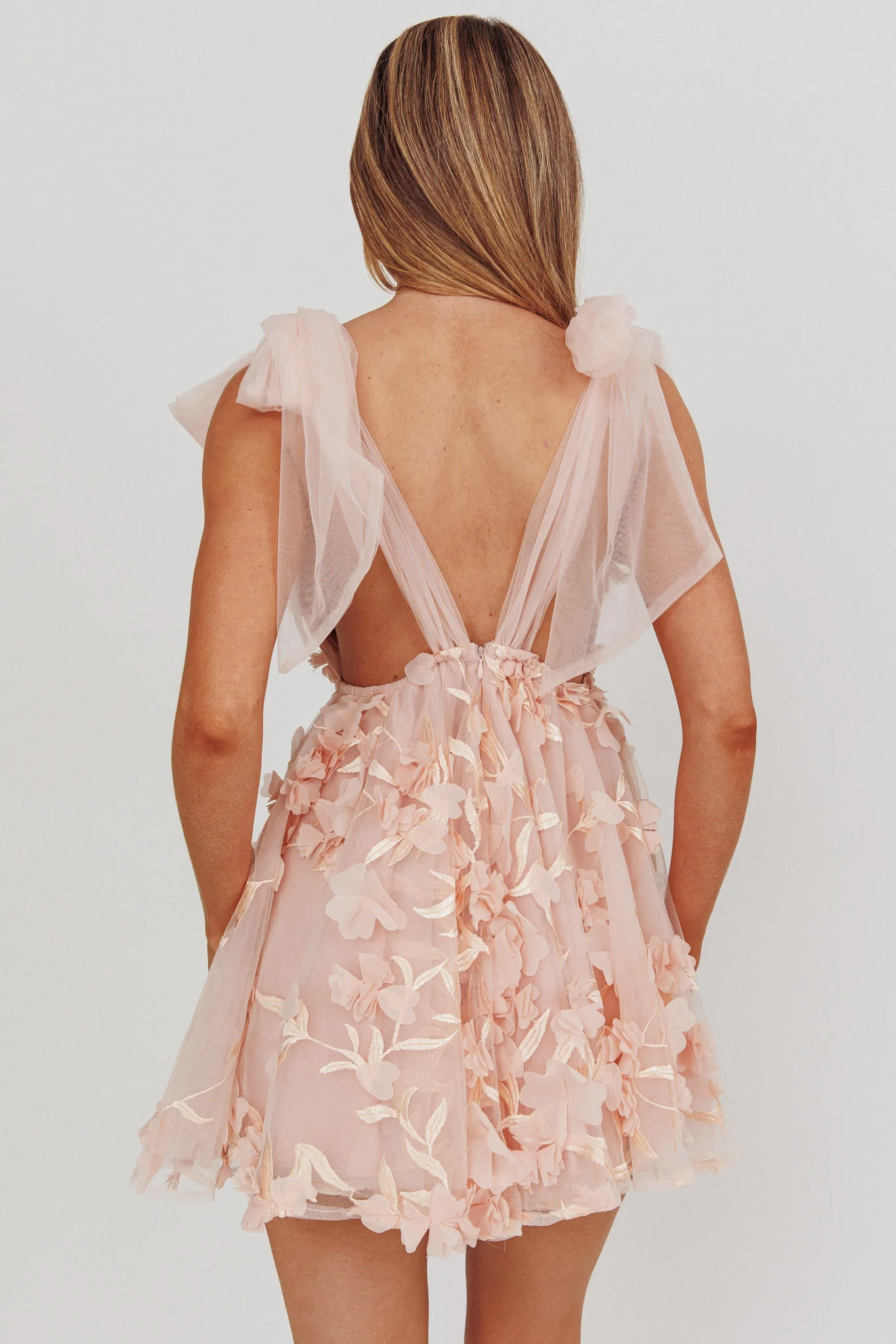 Chantilly Tied Shoulder Mini Dress Floral Embellished Pink - Image 2
