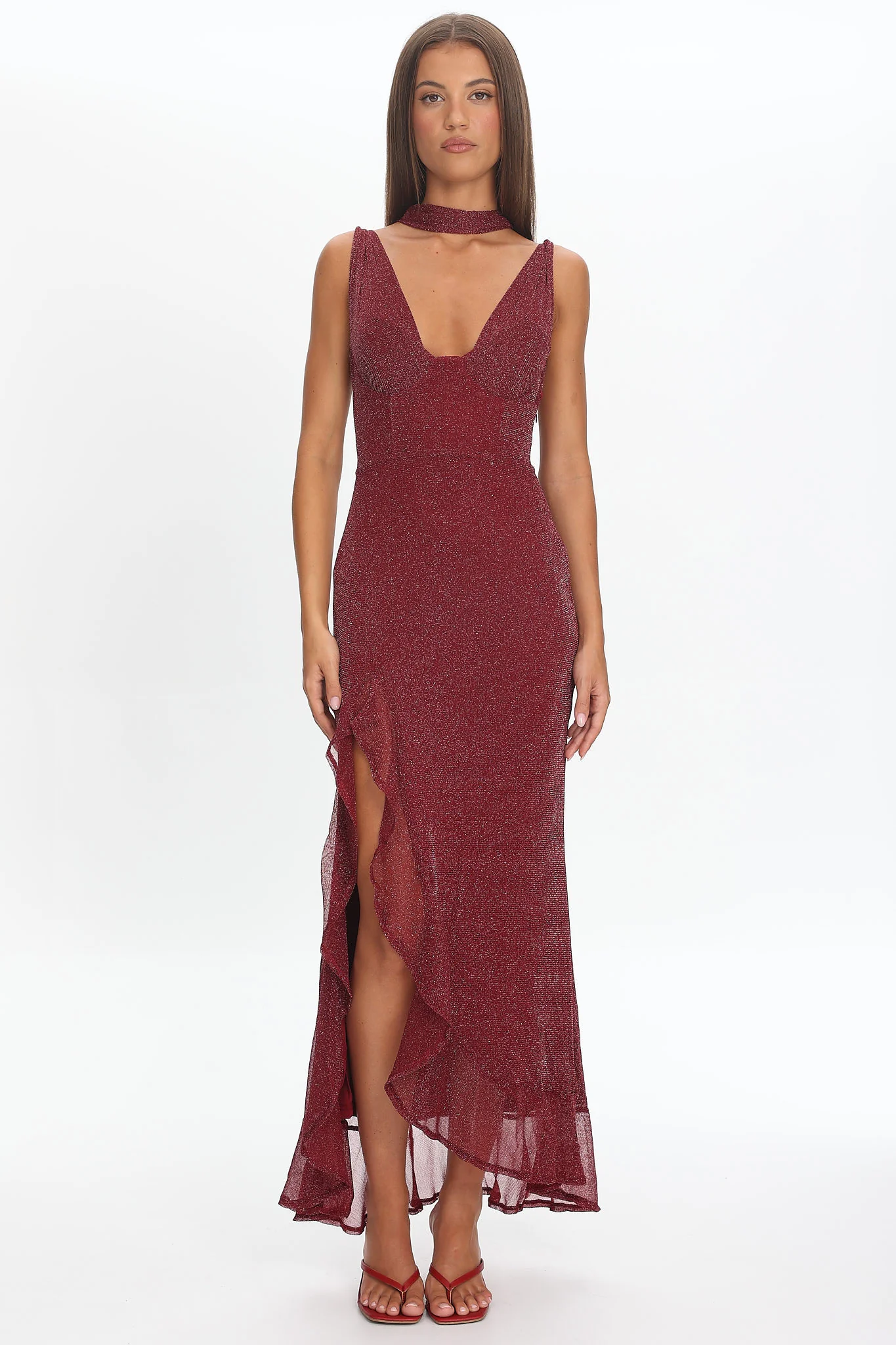 Chantrelle Twist Back Split Maxi Dress Wine - Image 5