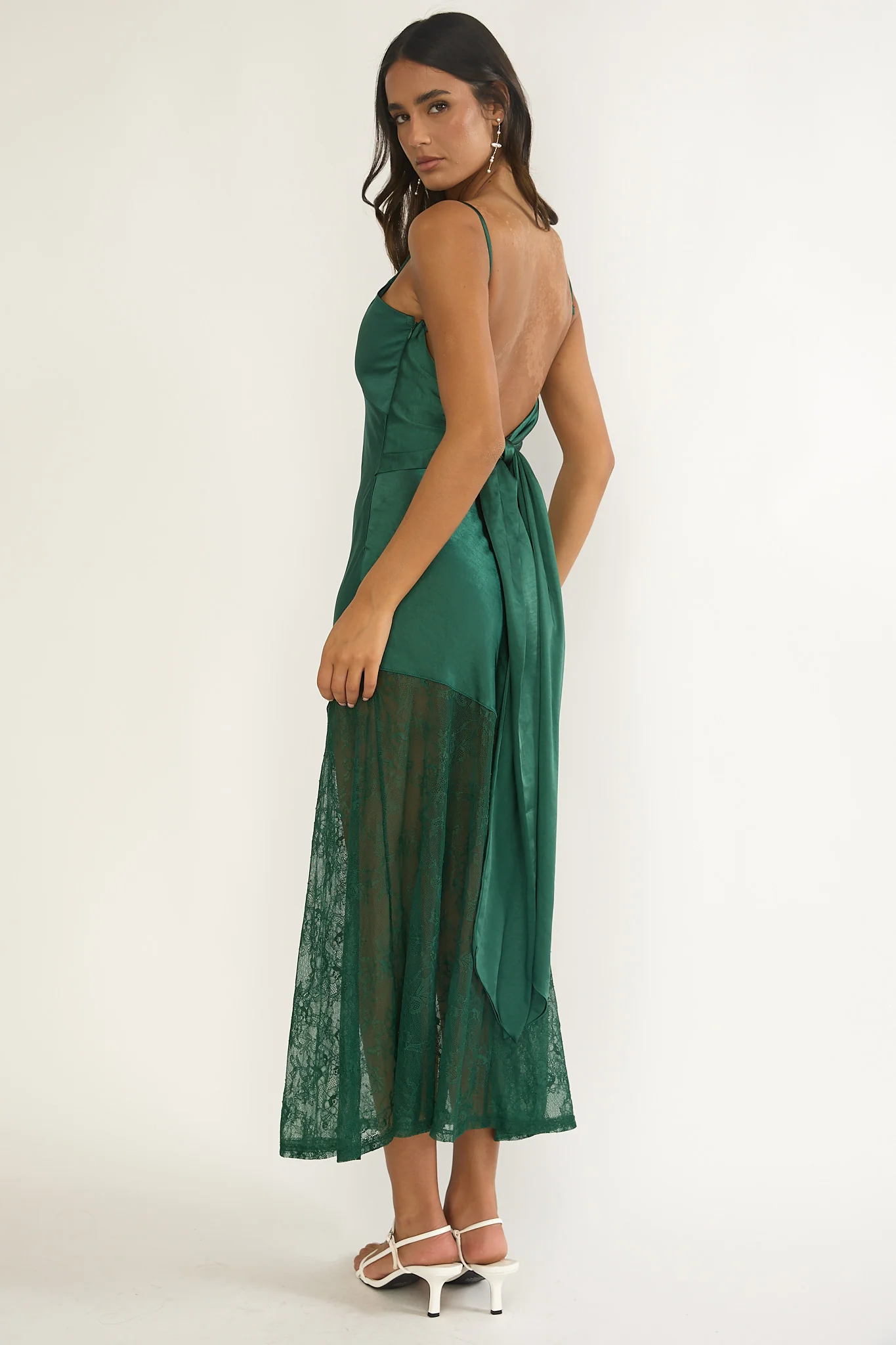 Ciao, Bella Tied Back Lace Hem Dress Forest Green - Image 3