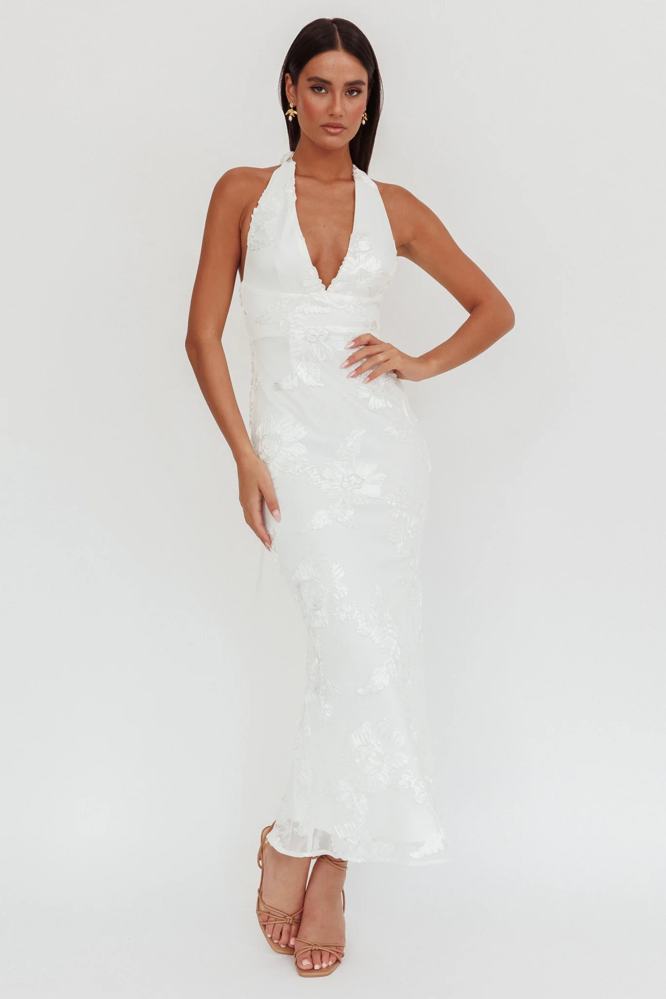 Cipriana Backless Halter Maxi Dress Embellished White - Image 5