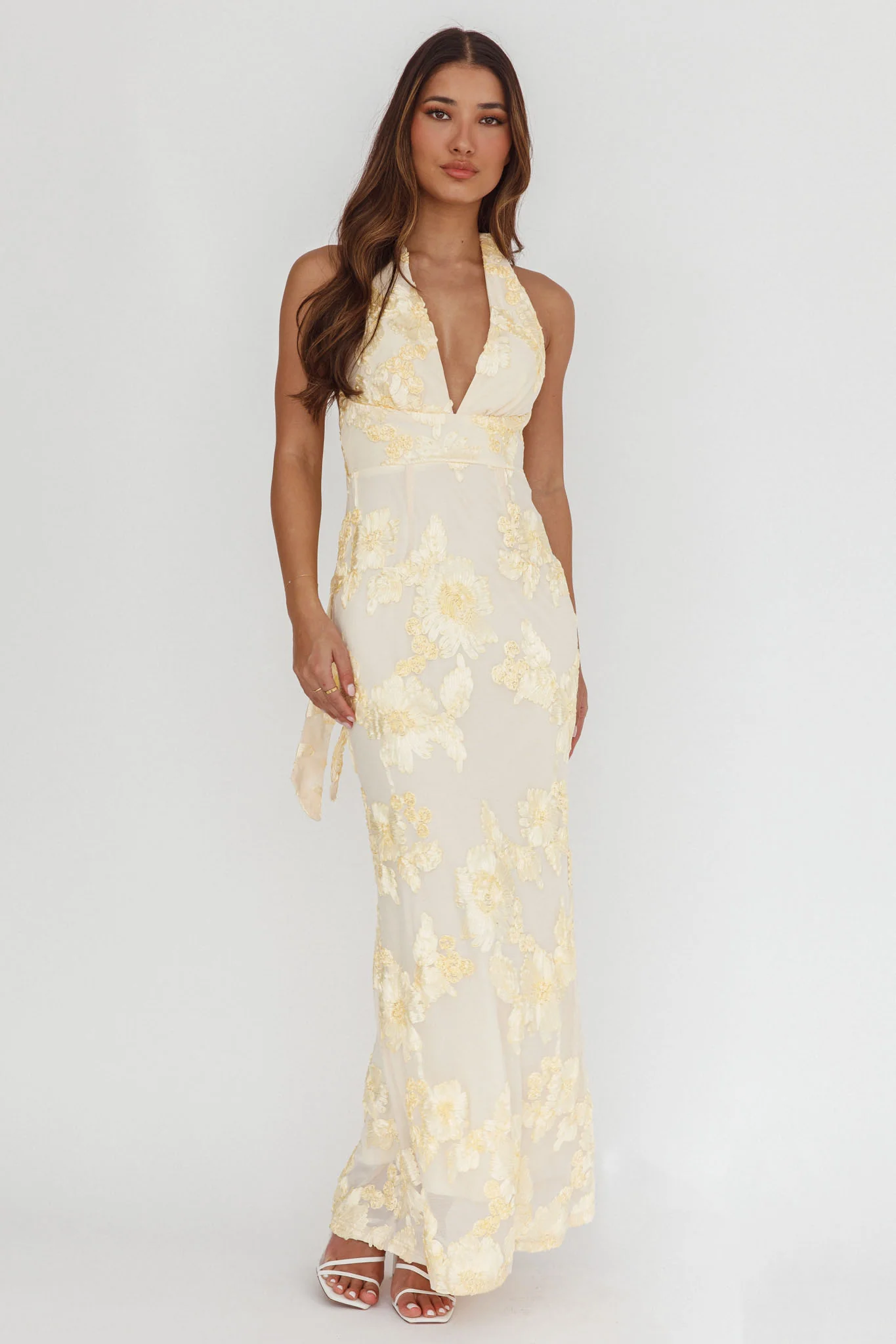 Cipriana Backless Halter Maxi Dress Embellished Yellow - Image 2