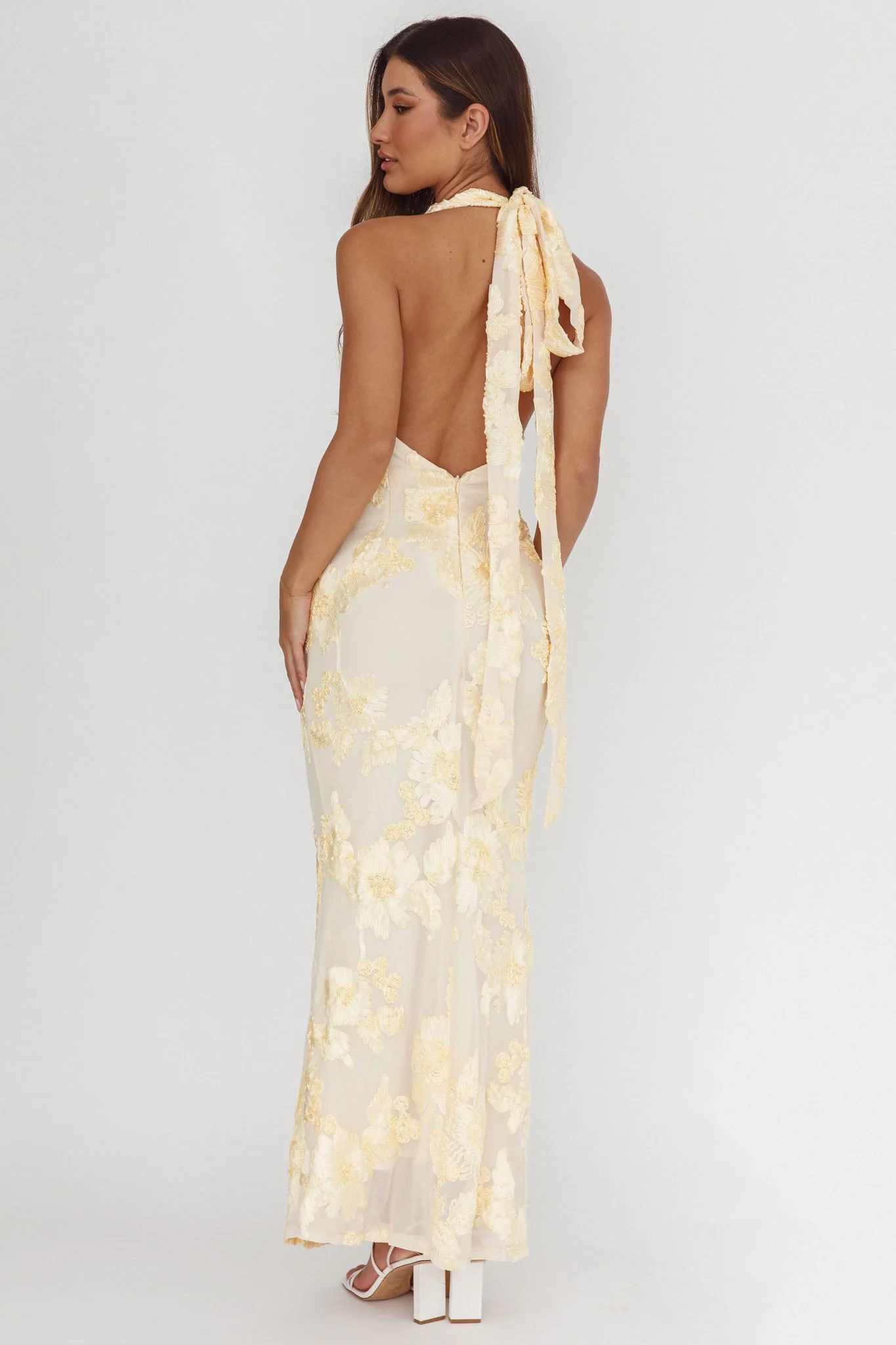 Cipriana Backless Halter Maxi Dress Embellished Yellow - Image 3