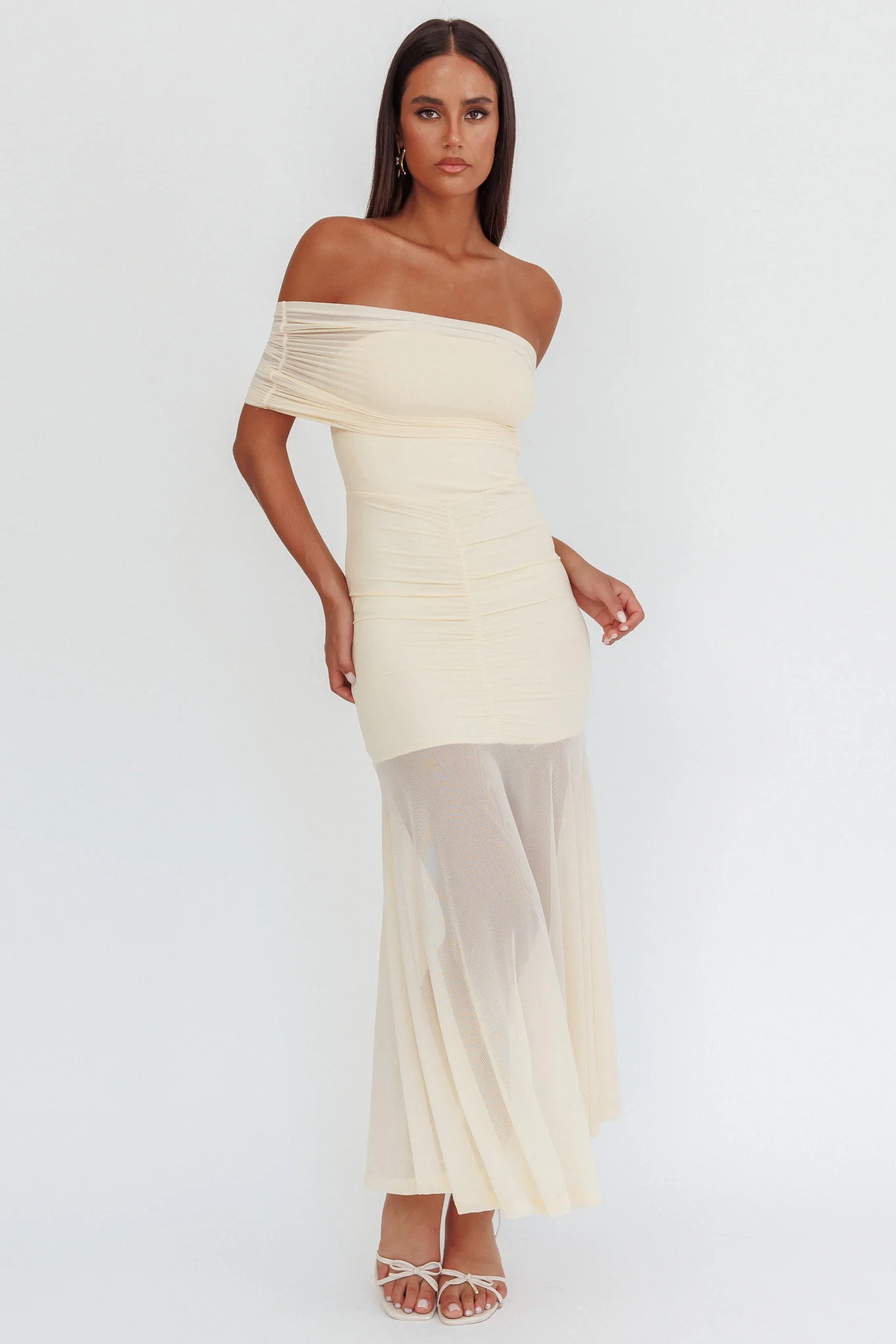 Clarita Sheer Ruched Maxi Dress Cream - Image 4