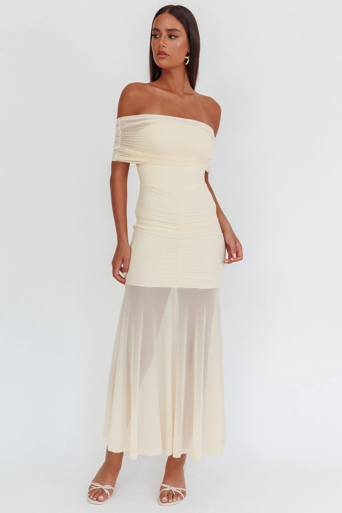 Clarita Sheer Ruched Maxi Dress Cream - Image 5