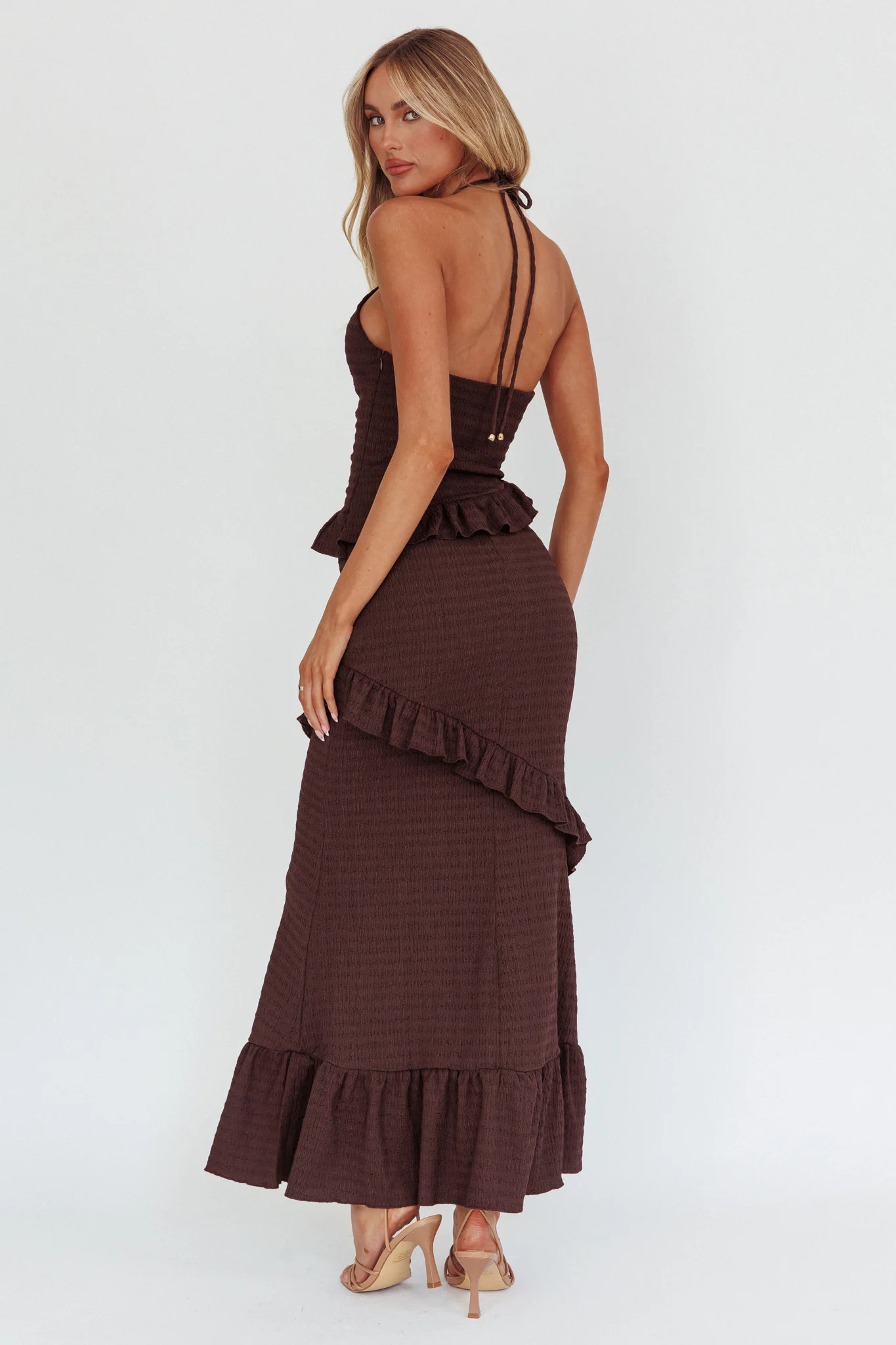 Clemence Smocked Frill Trim Maxi Dress Chocolate - Image 2