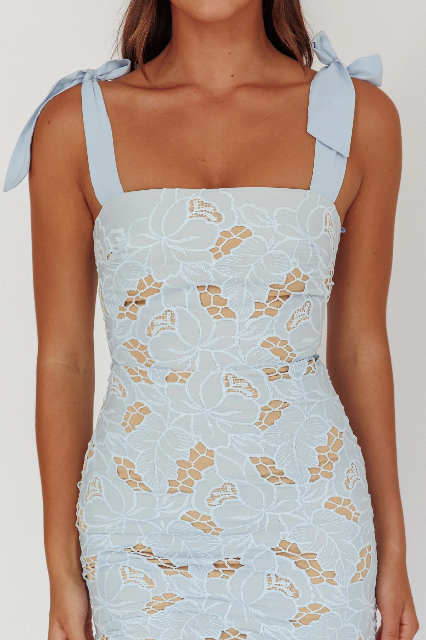 Coastal Bloom Tied Shoulder Maxi Dress Embroidered Baby Blue - Image 3