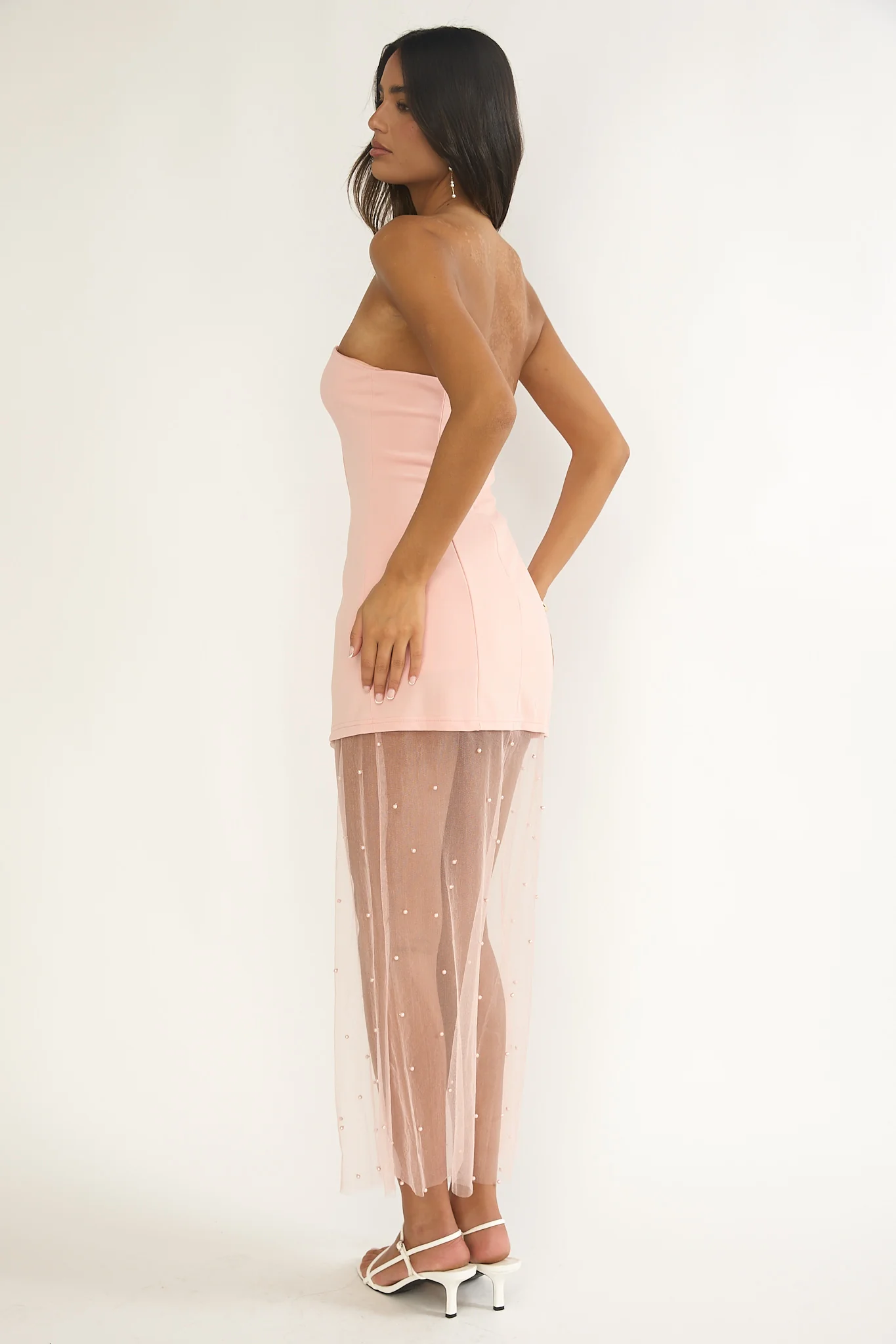 Coralie Sheer Pearl Hem Maxi Dress Peach - Image 3