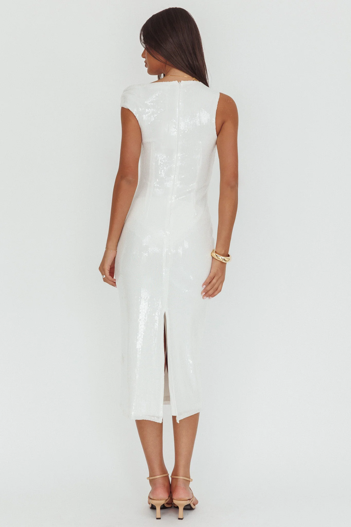 Country Club Asymmetric Neckline Midi Dress Sequin White - Image 2