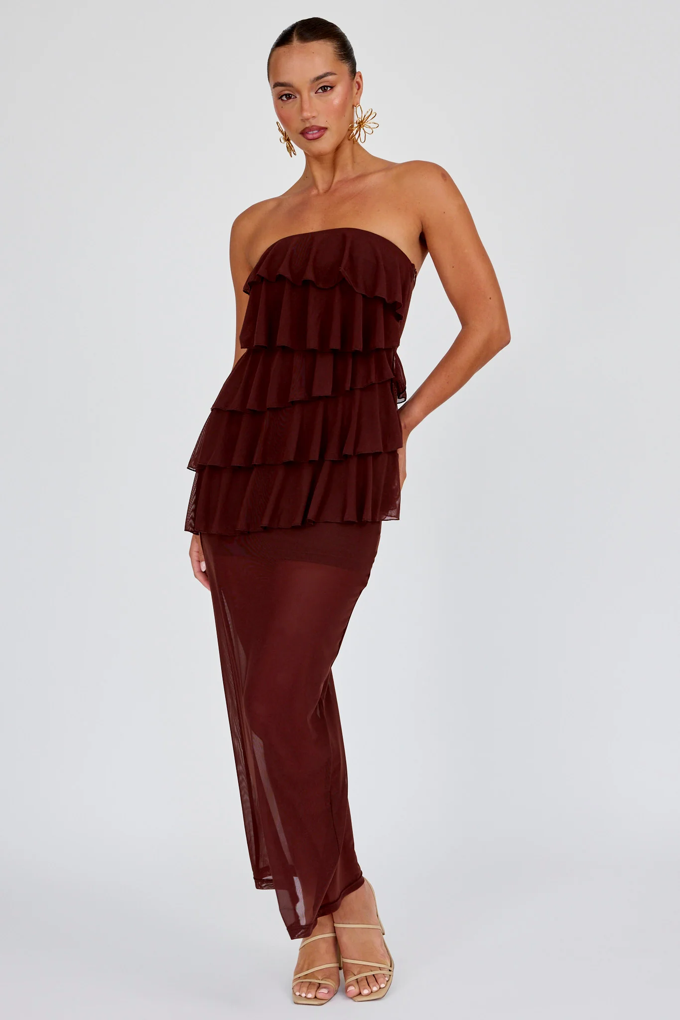 Crewe Strapless Ruffle Maxi Dress Chocolate - Image 2