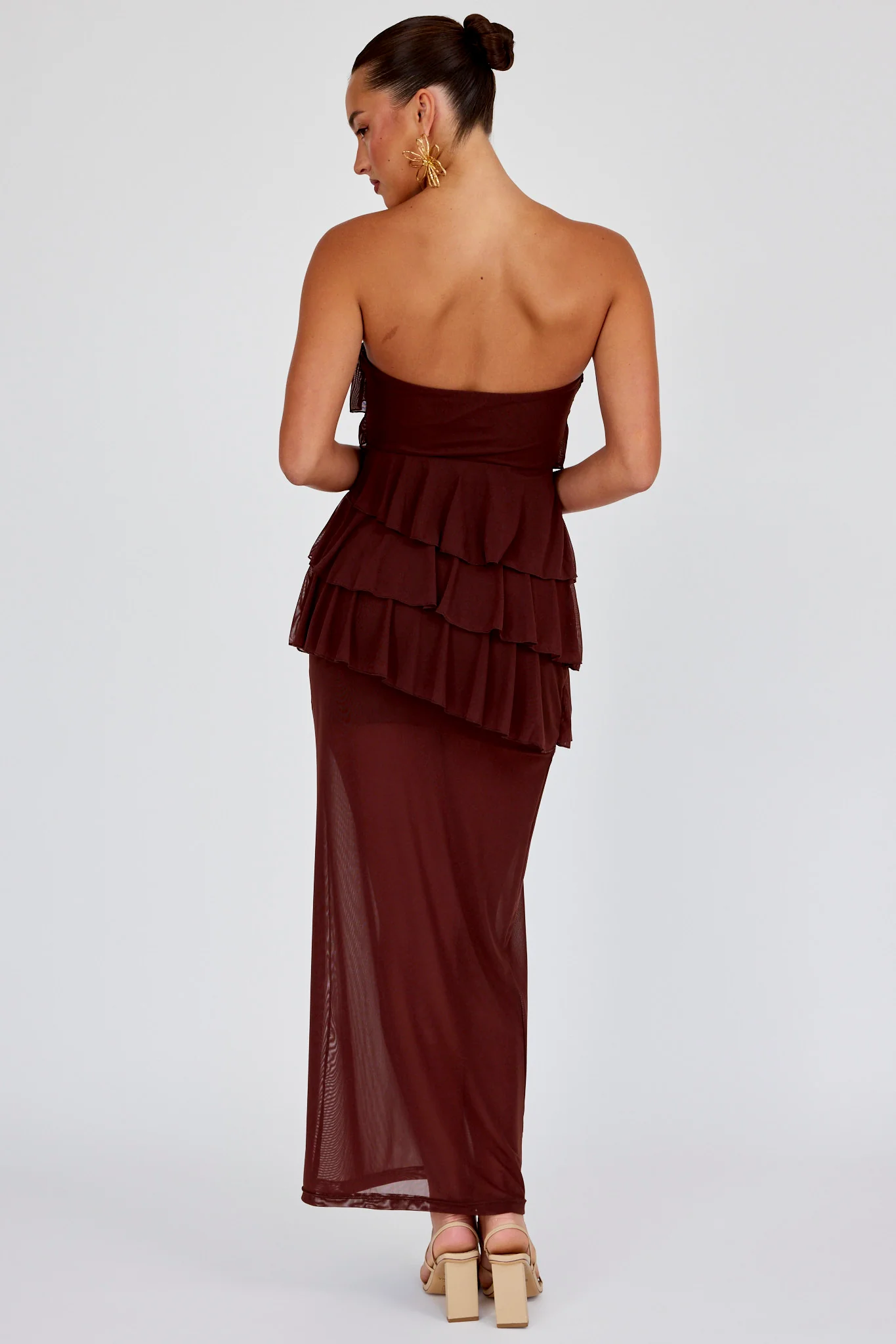 Crewe Strapless Ruffle Maxi Dress Chocolate - Image 3