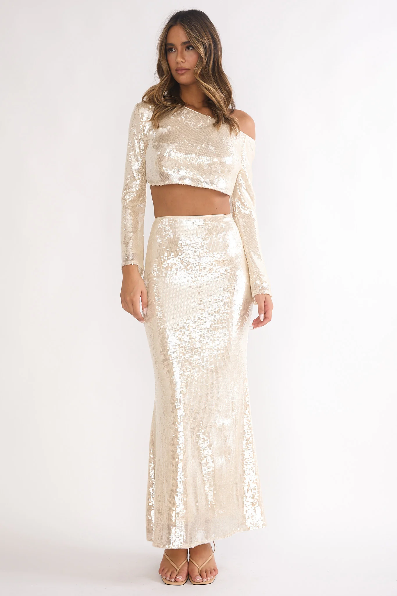 Crystalline Asymmetric Neckline Crop Top Sequin Champagne - Image 4