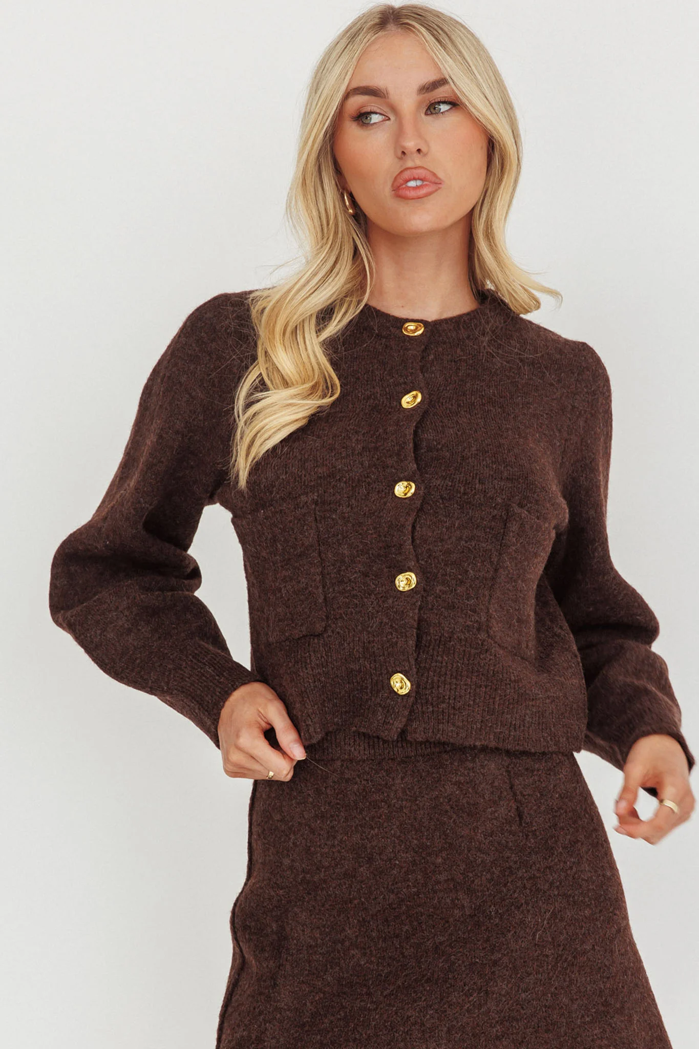 Daelyn Gold Button Pocket Cardigan Coffee - Image 5