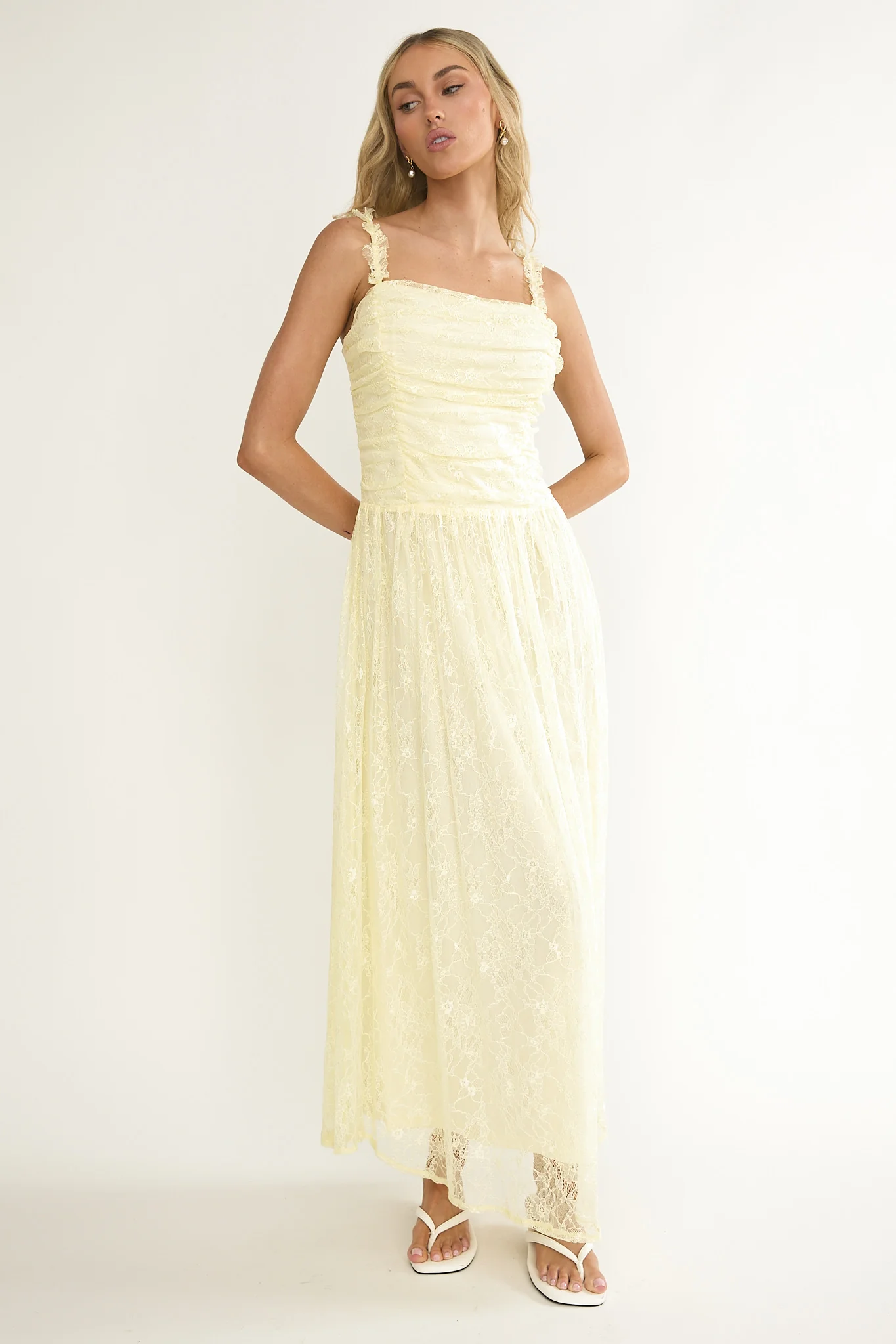 Dahlin Frill Strap Lace Overlay Maxi Dress Butter