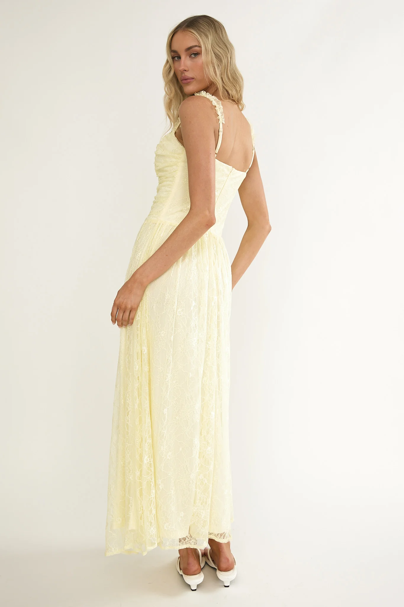 Dahlin Frill Strap Lace Overlay Maxi Dress Butter - Image 2