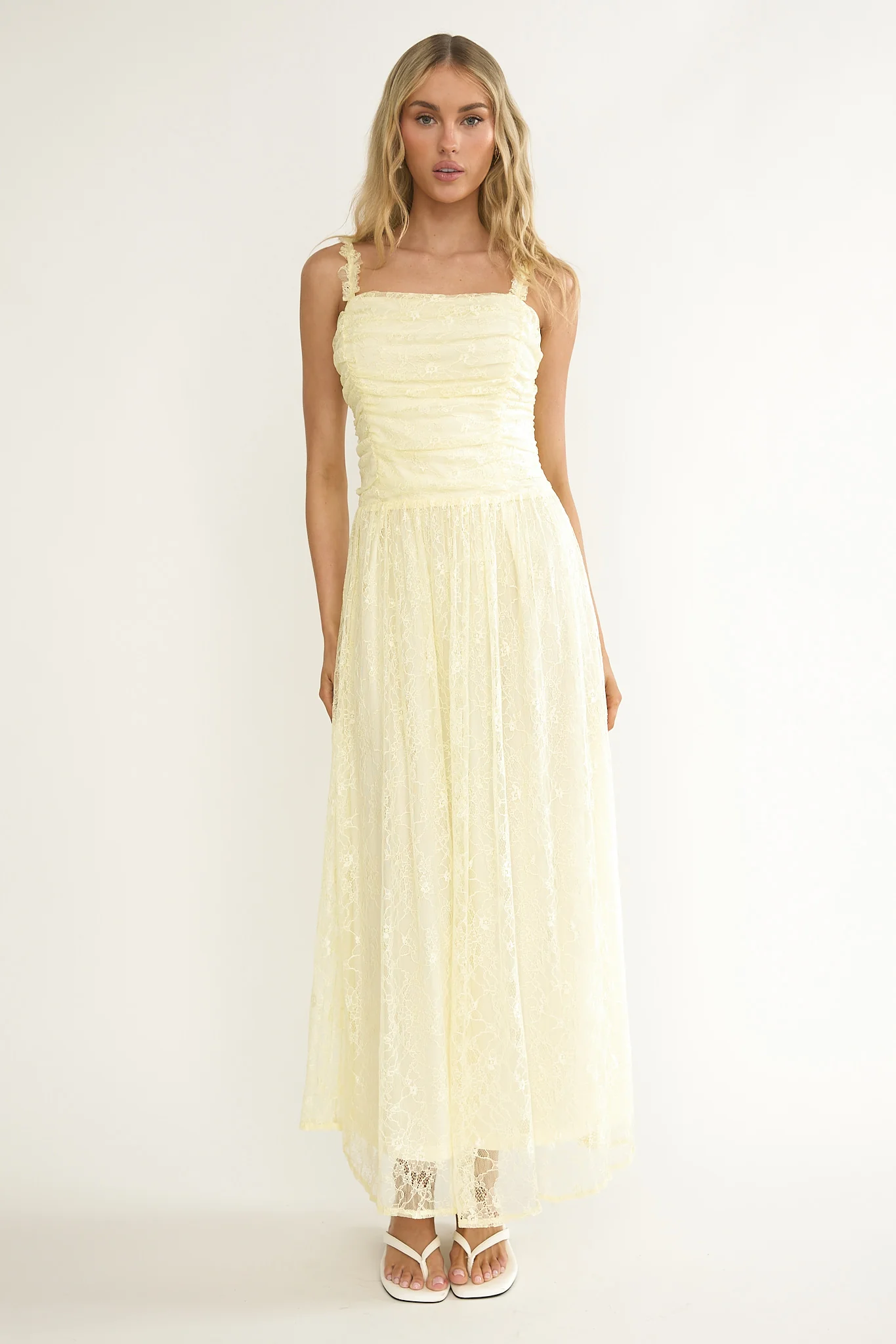 Dahlin Frill Strap Lace Overlay Maxi Dress Butter - Image 4