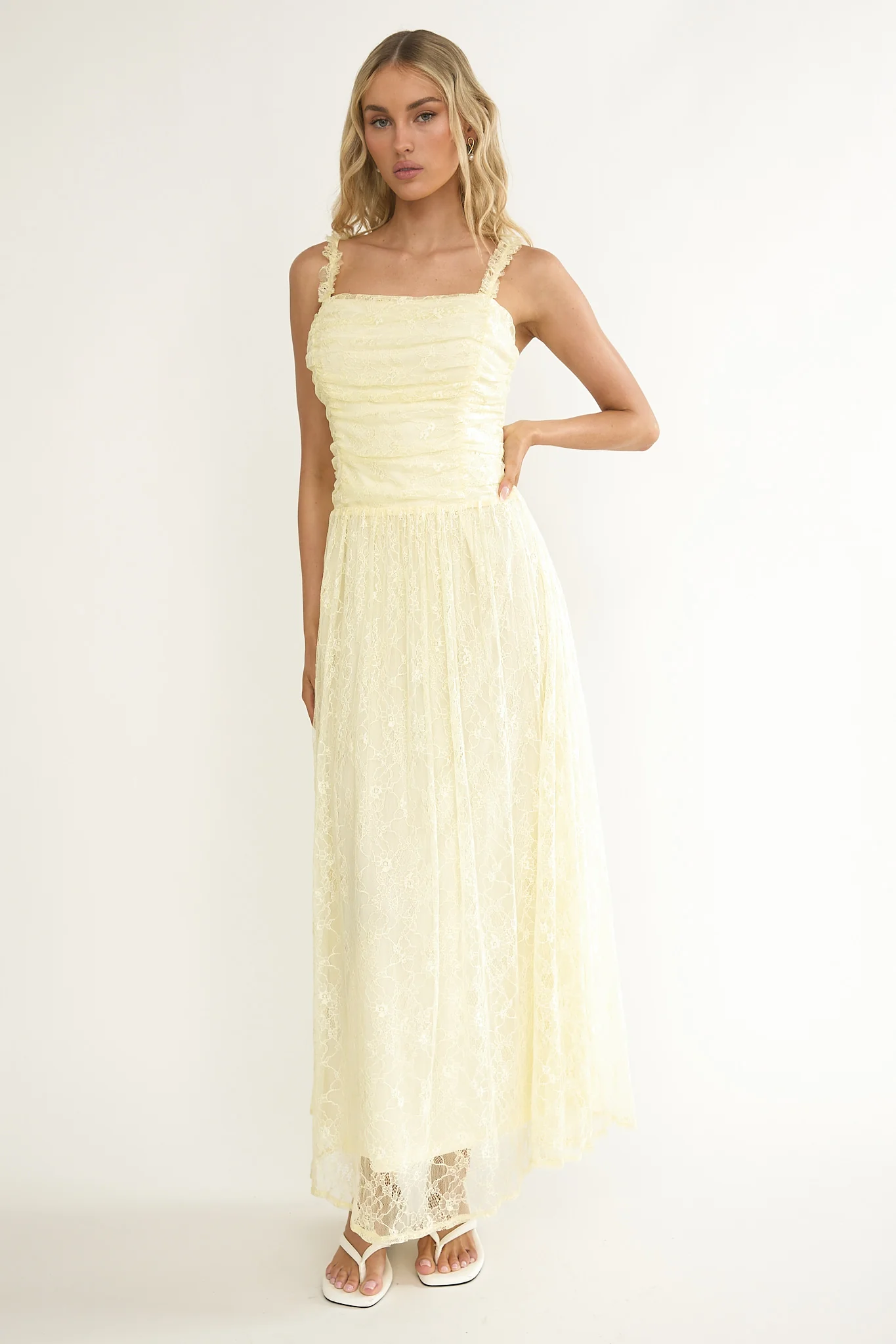 Dahlin Frill Strap Lace Overlay Maxi Dress Butter - Image 5