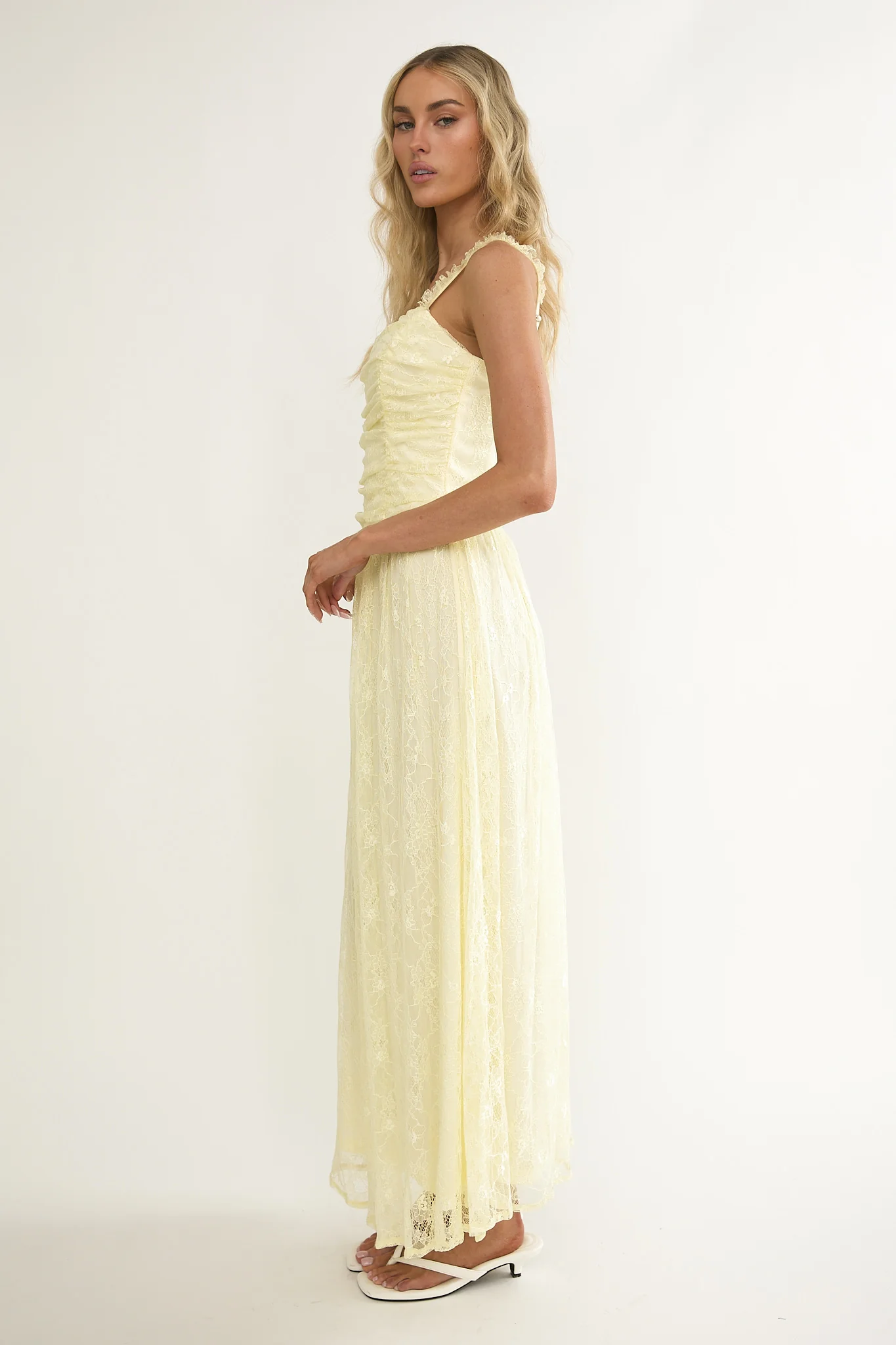Dahlin Frill Strap Lace Overlay Maxi Dress Butter - Image 6