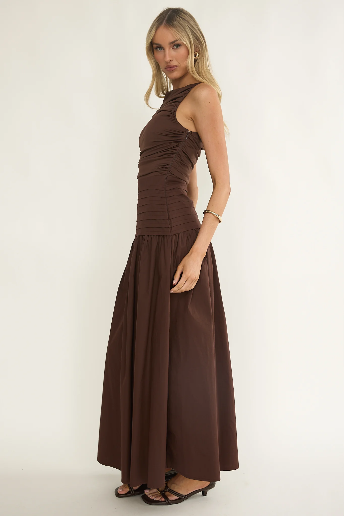 Dalayla Sleeveless Pintuck Maxi Dress Chocolate - Image 6